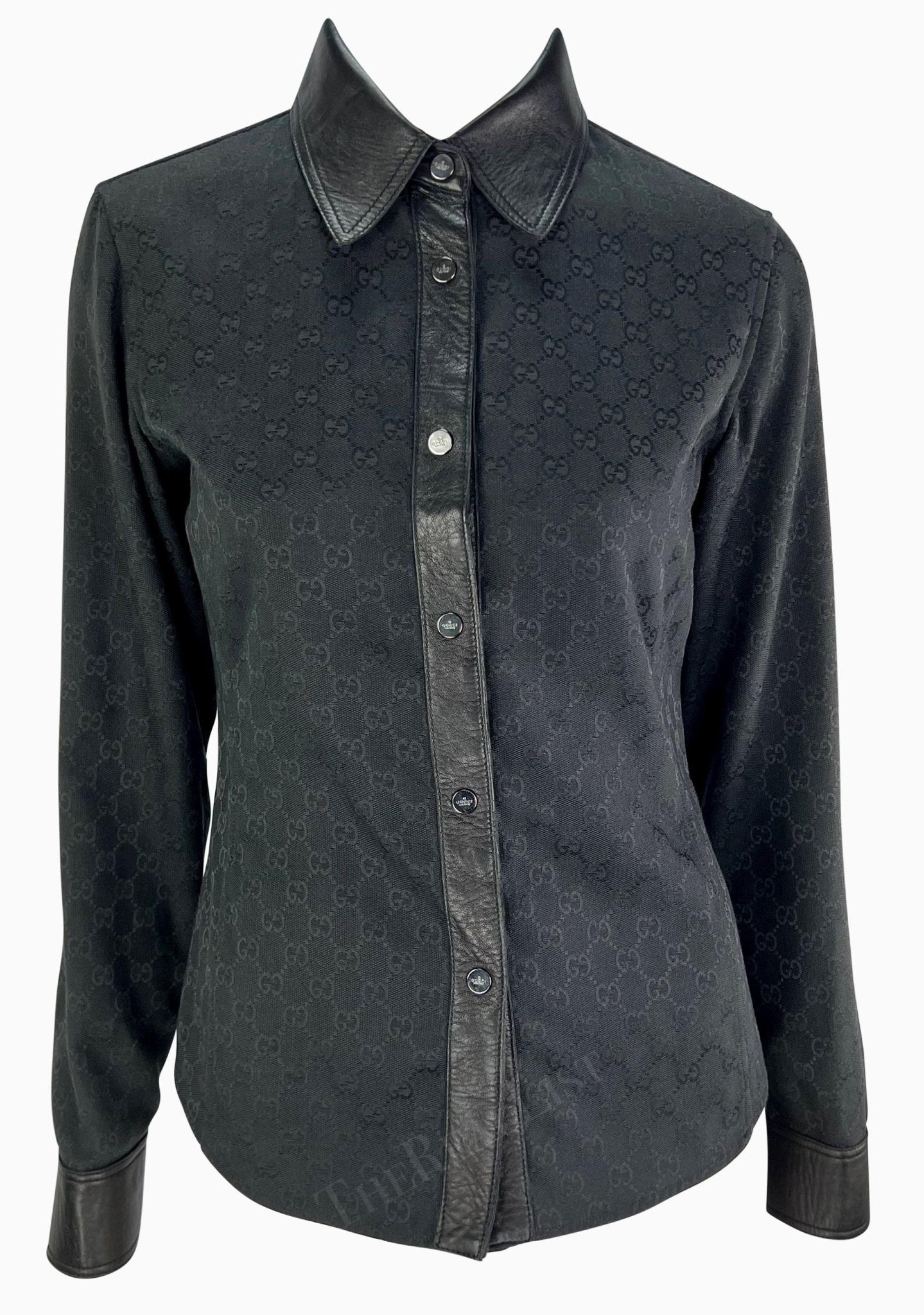 F/W 2000 Gucci by Tom Ford Leather Trim Black GG Monogram Collared Snap Shirt - RealList