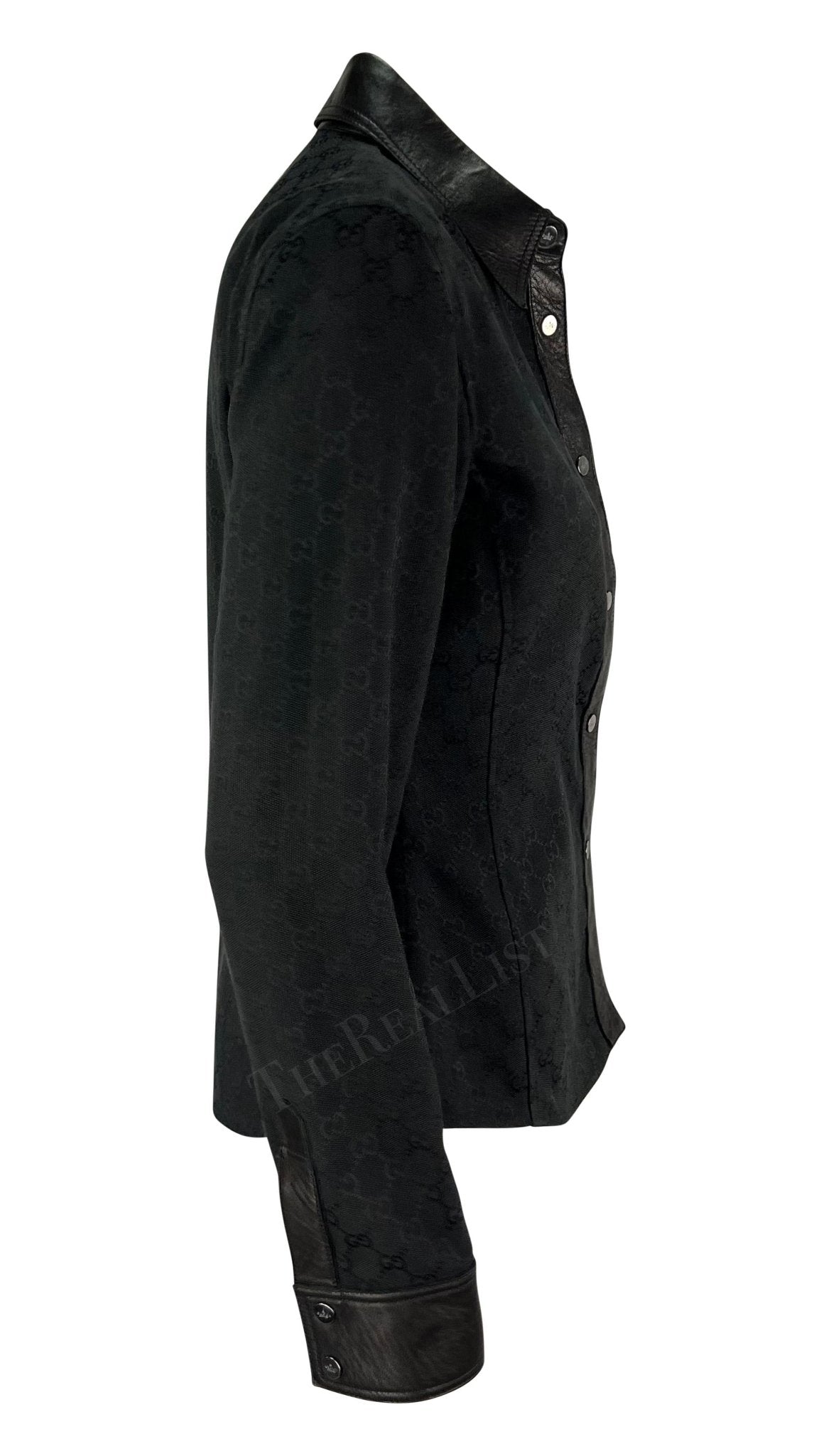 F/W 2000 Gucci by Tom Ford Leather Trim Black GG Monogram Collared Snap Shirt - RealList
