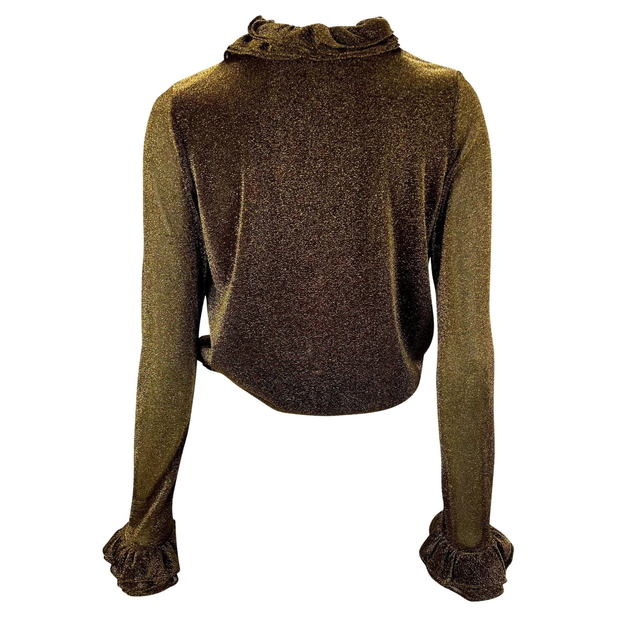 F/W 2000 Gucci by Tom Ford Plunging Gold Lurex Ruffle Disco Blouse - RealList