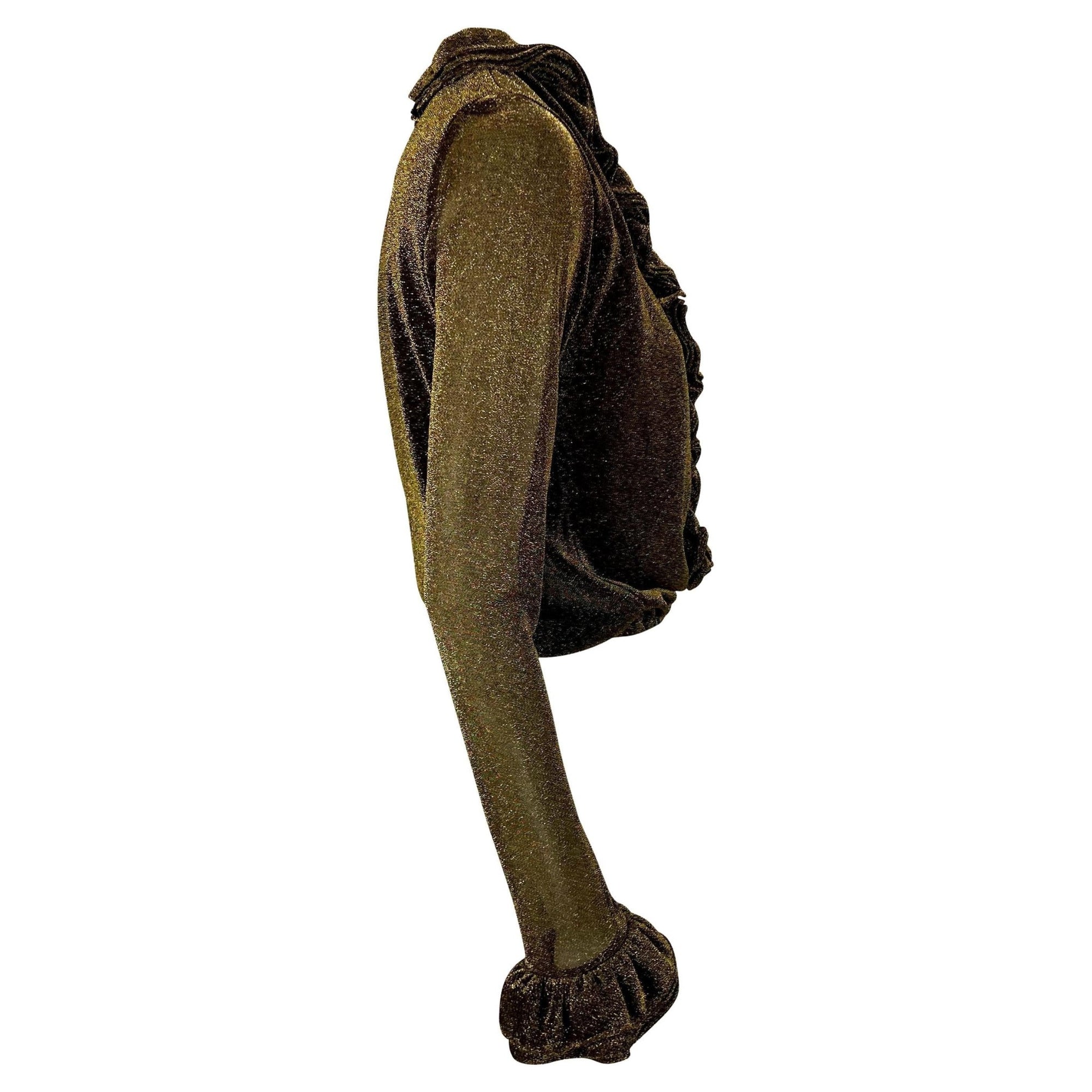 F/W 2000 Gucci by Tom Ford Plunging Gold Lurex Ruffle Disco Blouse - RealList