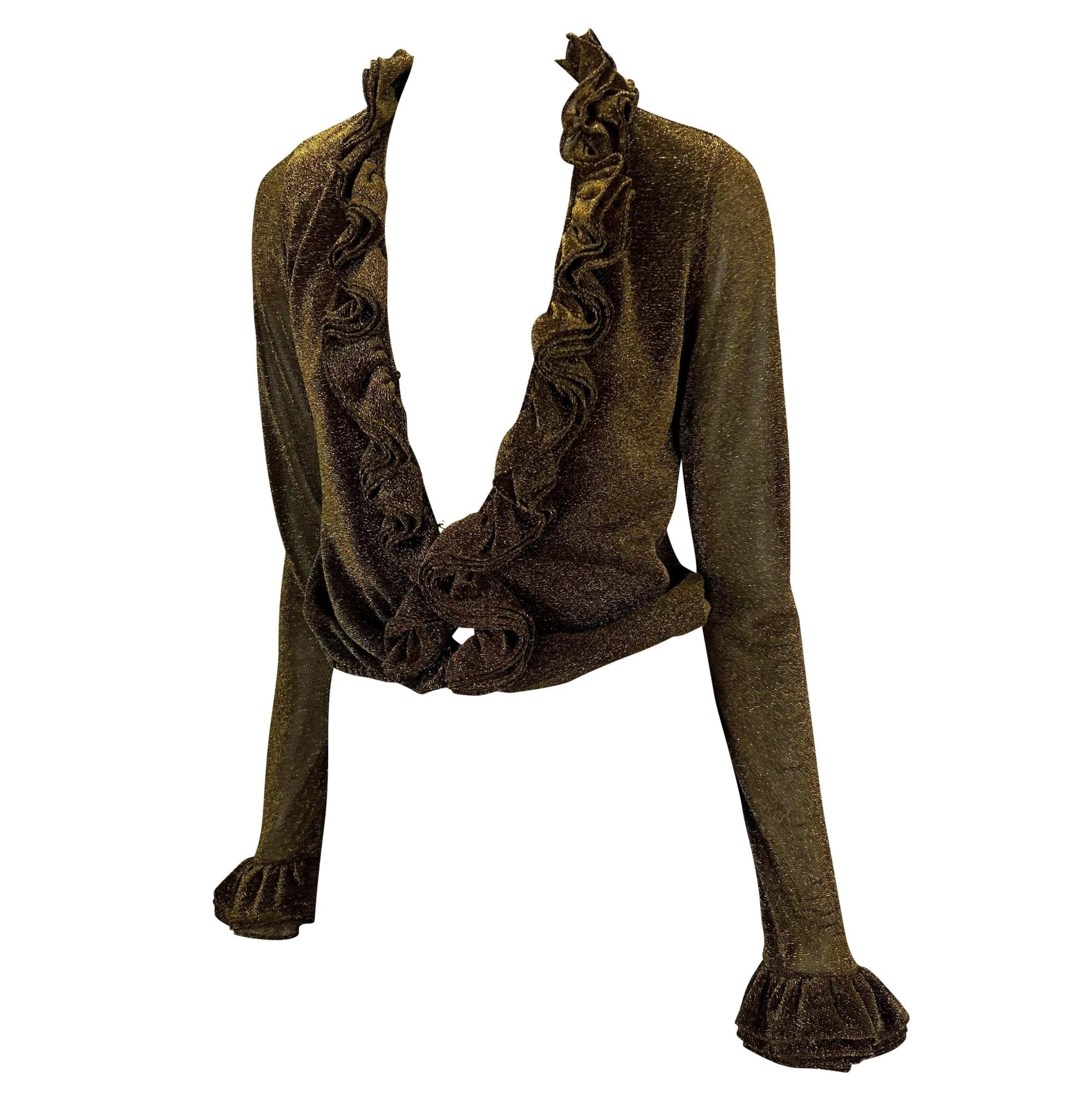 F/W 2000 Gucci by Tom Ford Plunging Gold Lurex Ruffle Disco Blouse - RealList