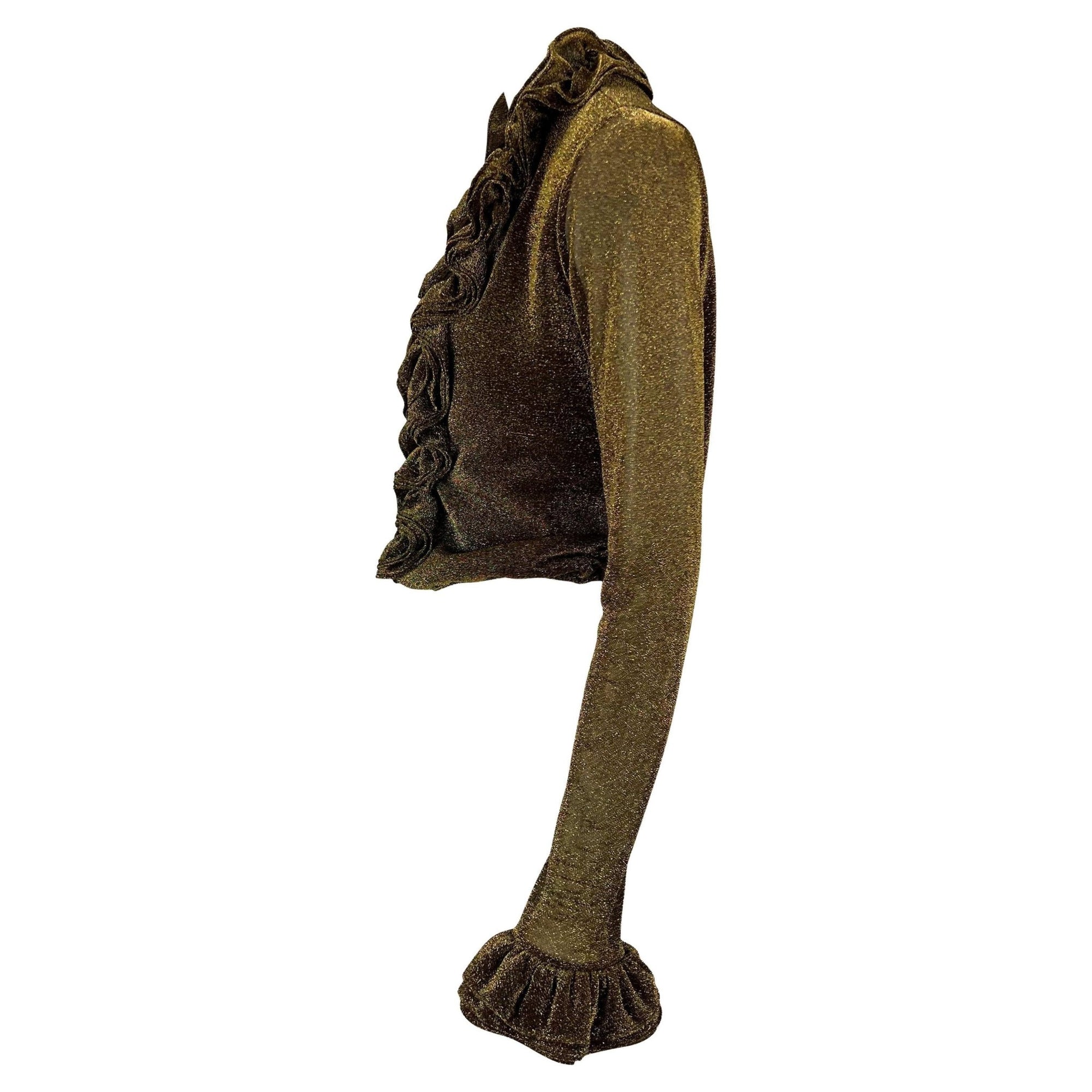 F/W 2000 Gucci by Tom Ford Plunging Gold Lurex Ruffle Disco Blouse - RealList