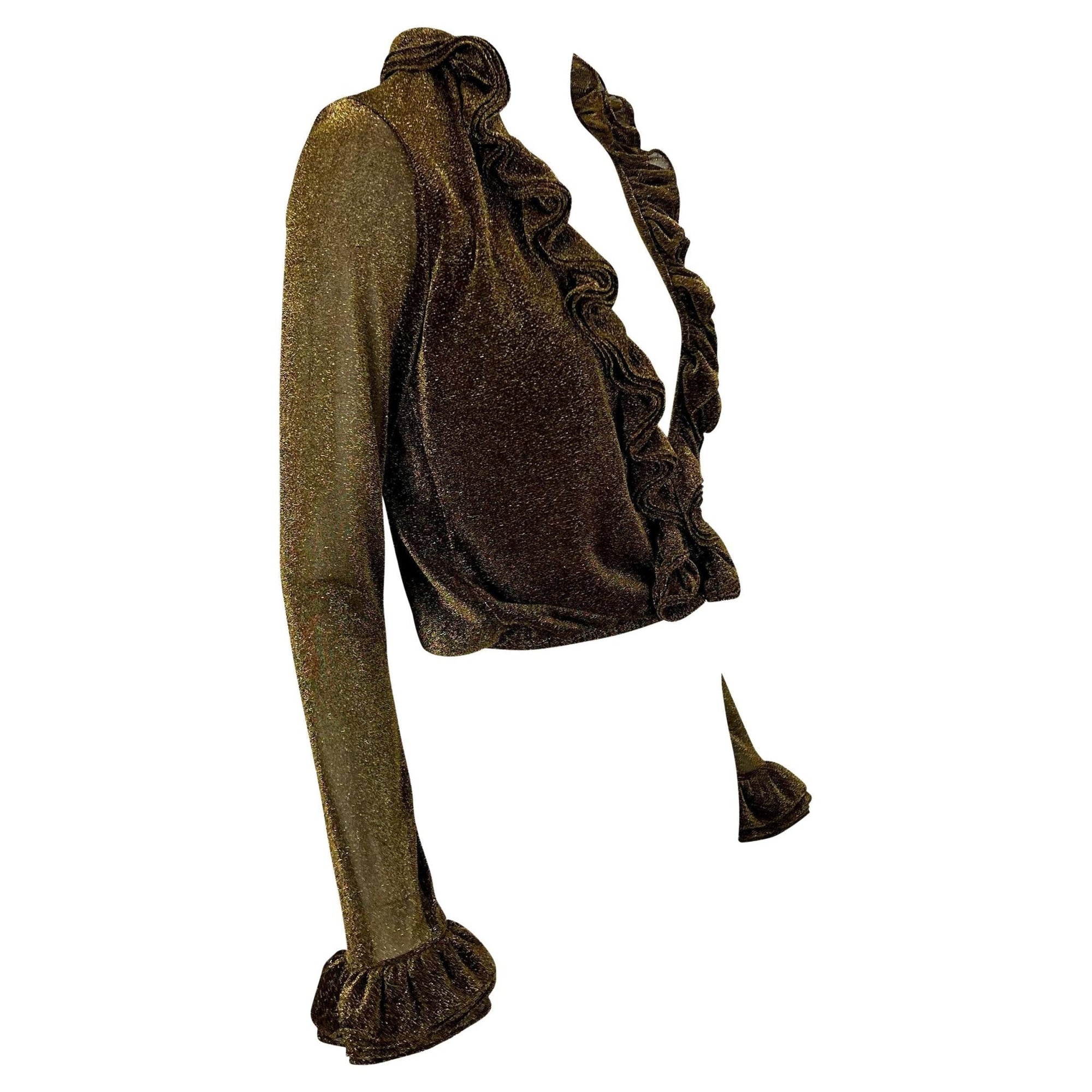 F/W 2000 Gucci by Tom Ford Plunging Gold Lurex Ruffle Disco Blouse - RealList