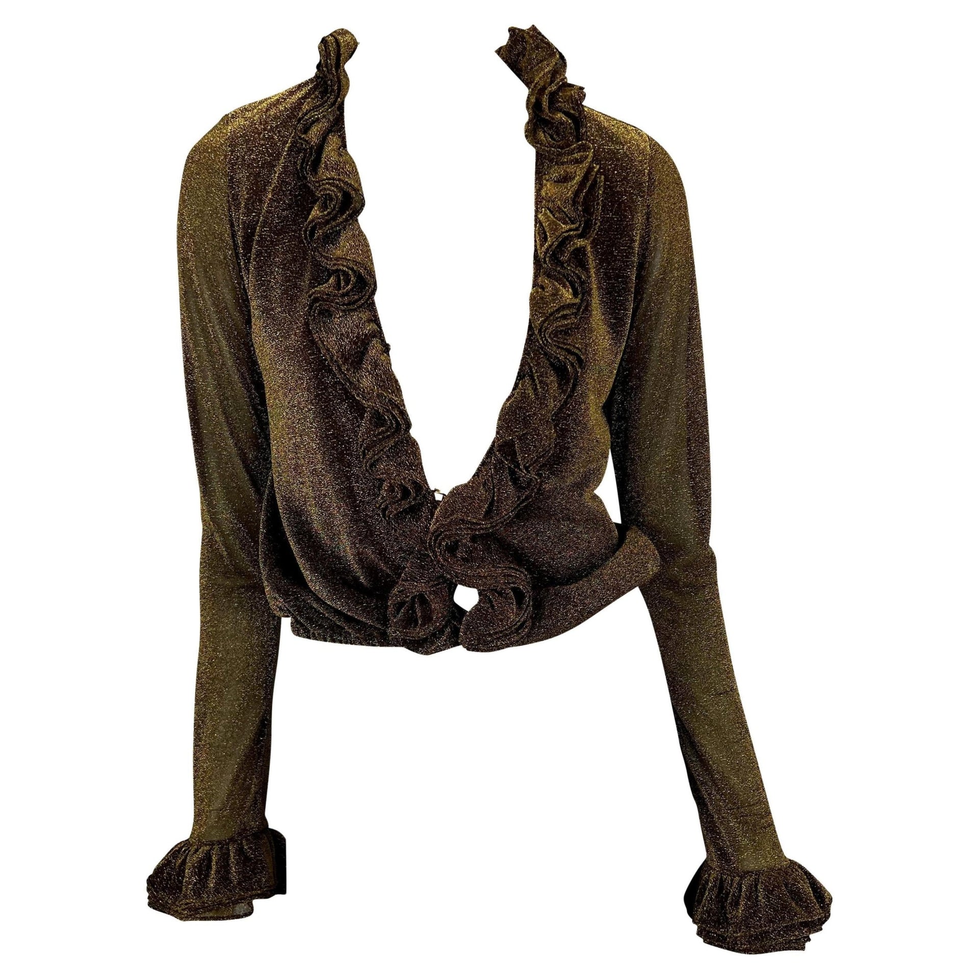 F/W 2000 Gucci by Tom Ford Plunging Gold Lurex Ruffle Disco Blouse - RealList
