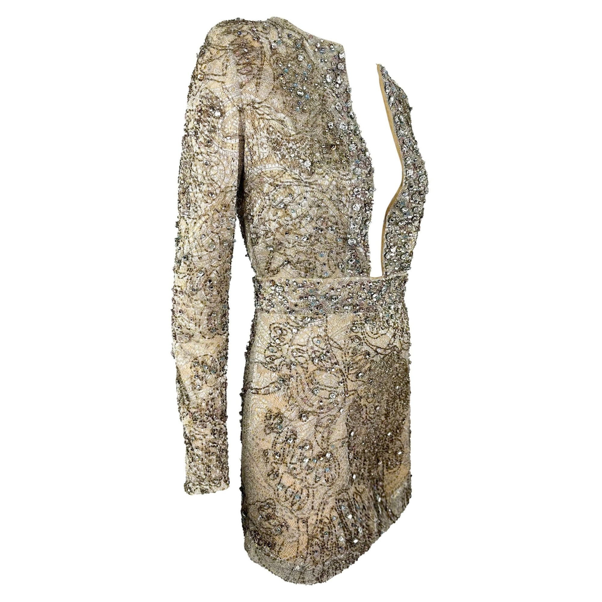 F/W 2000 Gucci by Tom Ford Rhinestone Beaded Plunge Silver Beige Lace Mini Dress - RealList