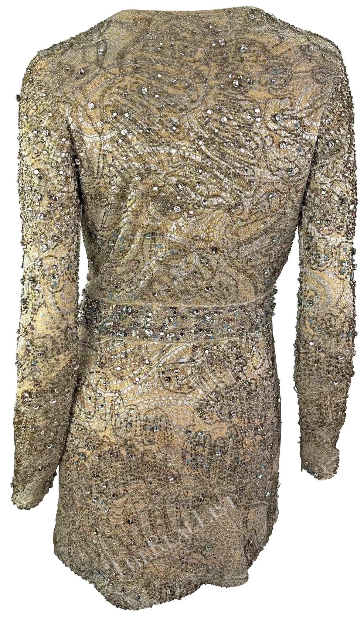 F/W 2000 Gucci by Tom Ford Rhinestone Beaded Plunge Silver Beige Lace Mini Dress - RealList