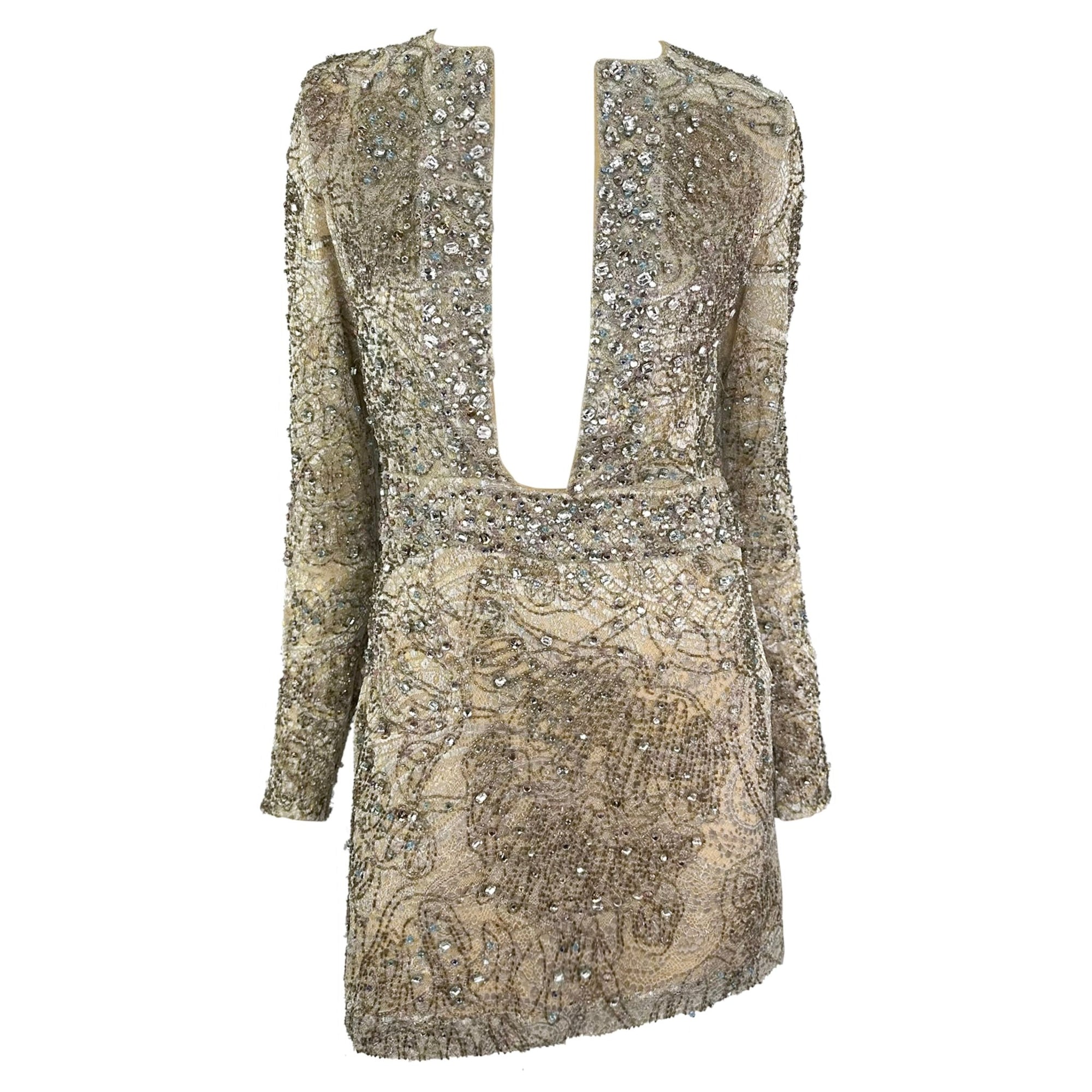 F/W 2000 Gucci by Tom Ford Rhinestone Beaded Plunge Silver Beige Lace Mini Dress - RealList
