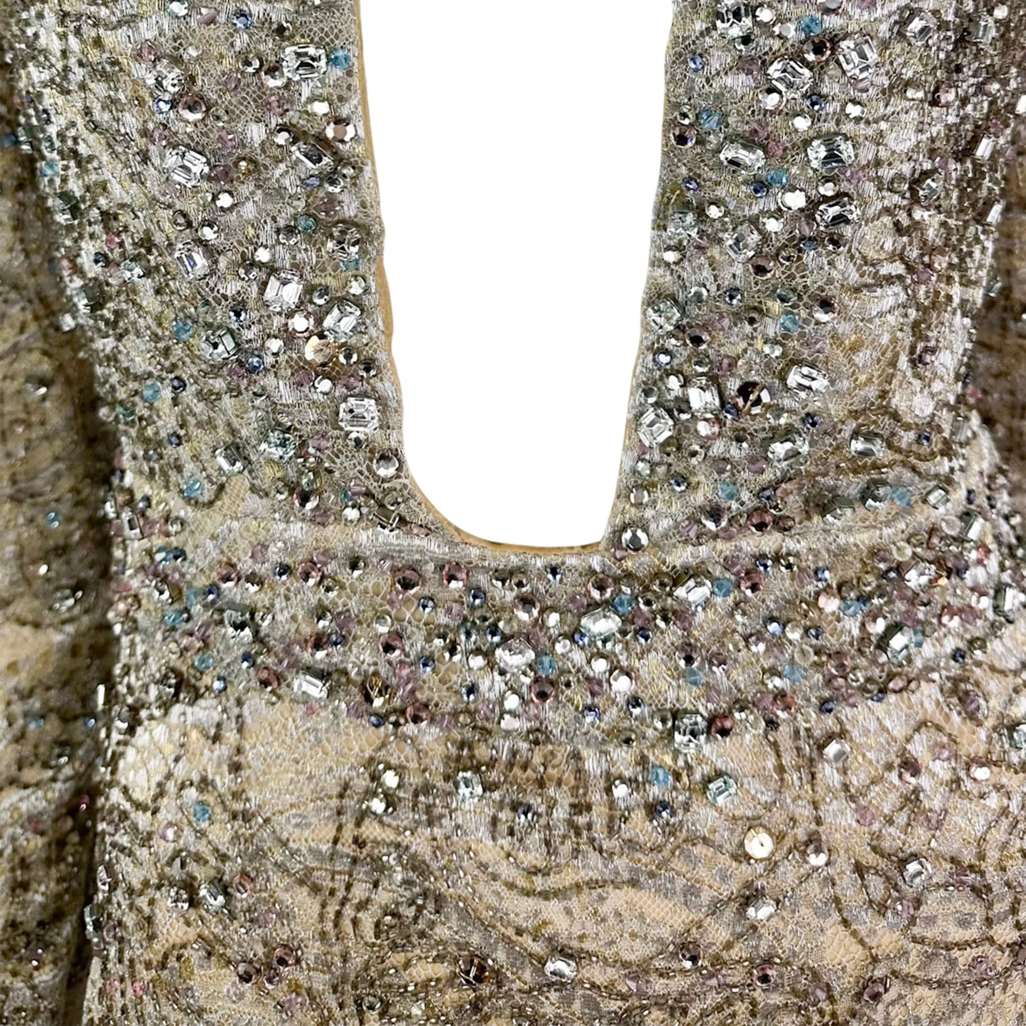 F/W 2000 Gucci by Tom Ford Rhinestone Beaded Plunge Silver Beige Lace Mini Dress - RealList