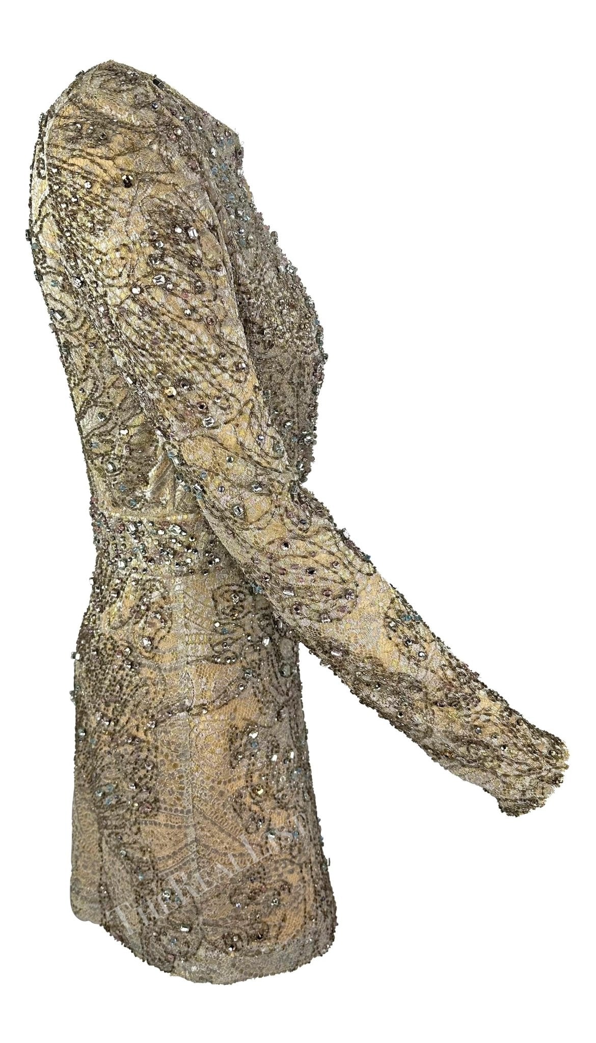 F/W 2000 Gucci by Tom Ford Rhinestone Beaded Plunge Silver Beige Lace Mini Dress - RealList