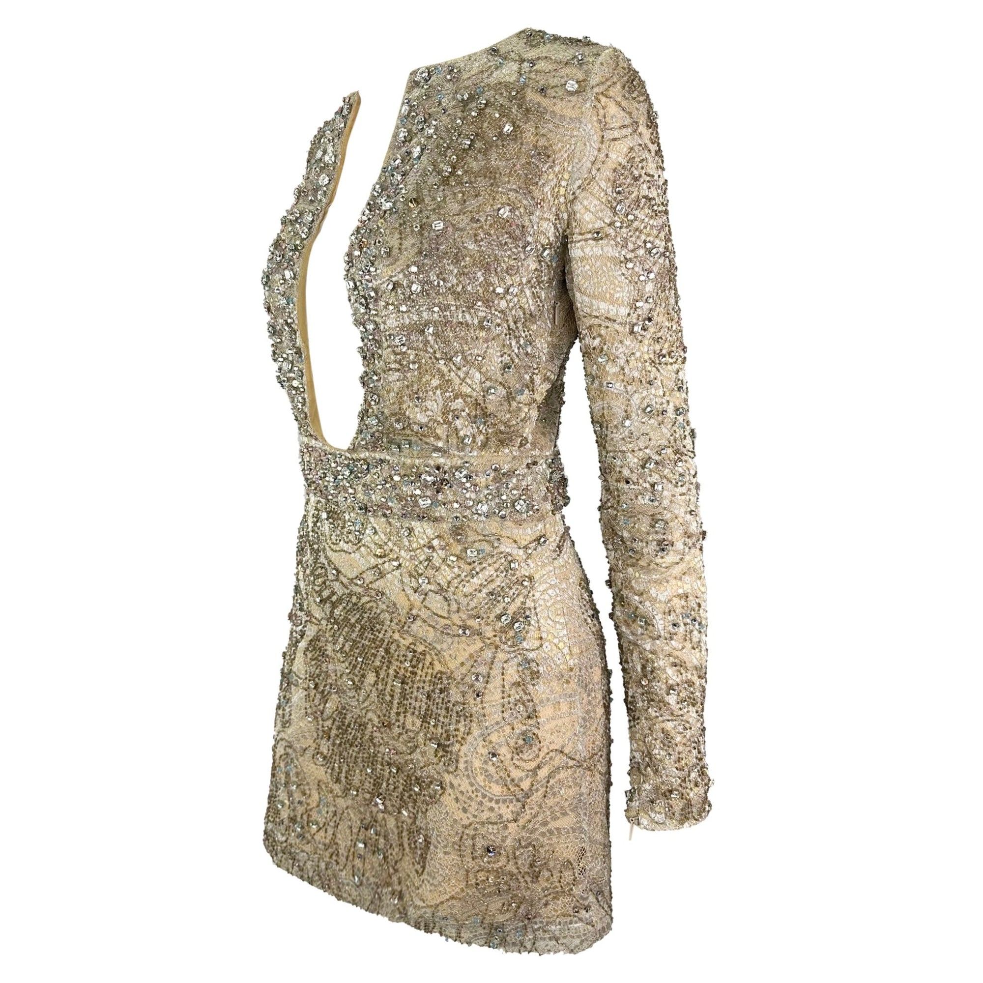 F/W 2000 Gucci by Tom Ford Rhinestone Beaded Plunge Silver Beige Lace Mini Dress - RealList