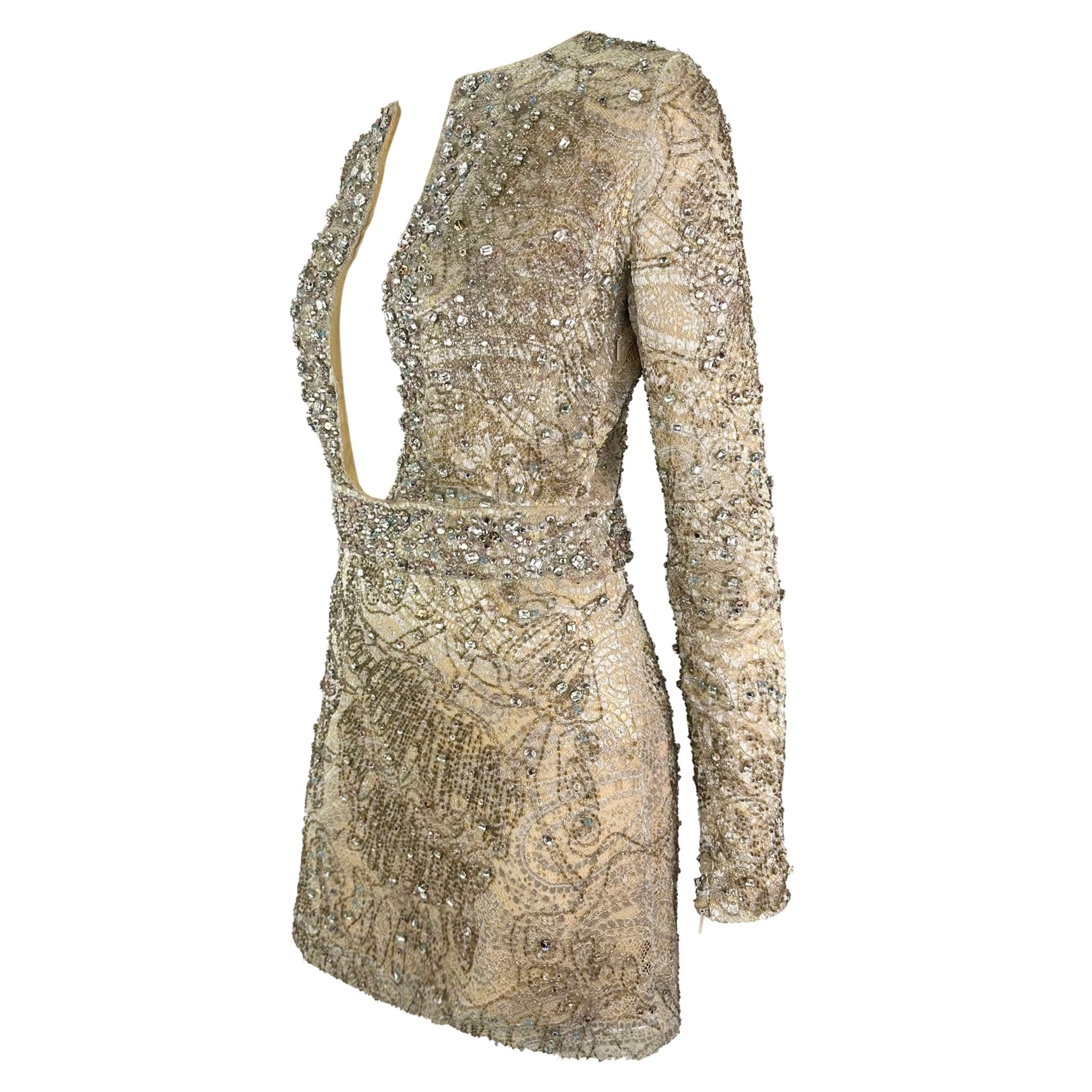 F/W 2000 Gucci by Tom Ford Rhinestone Beaded Plunge Silver Beige Lace Mini Dress - RealList