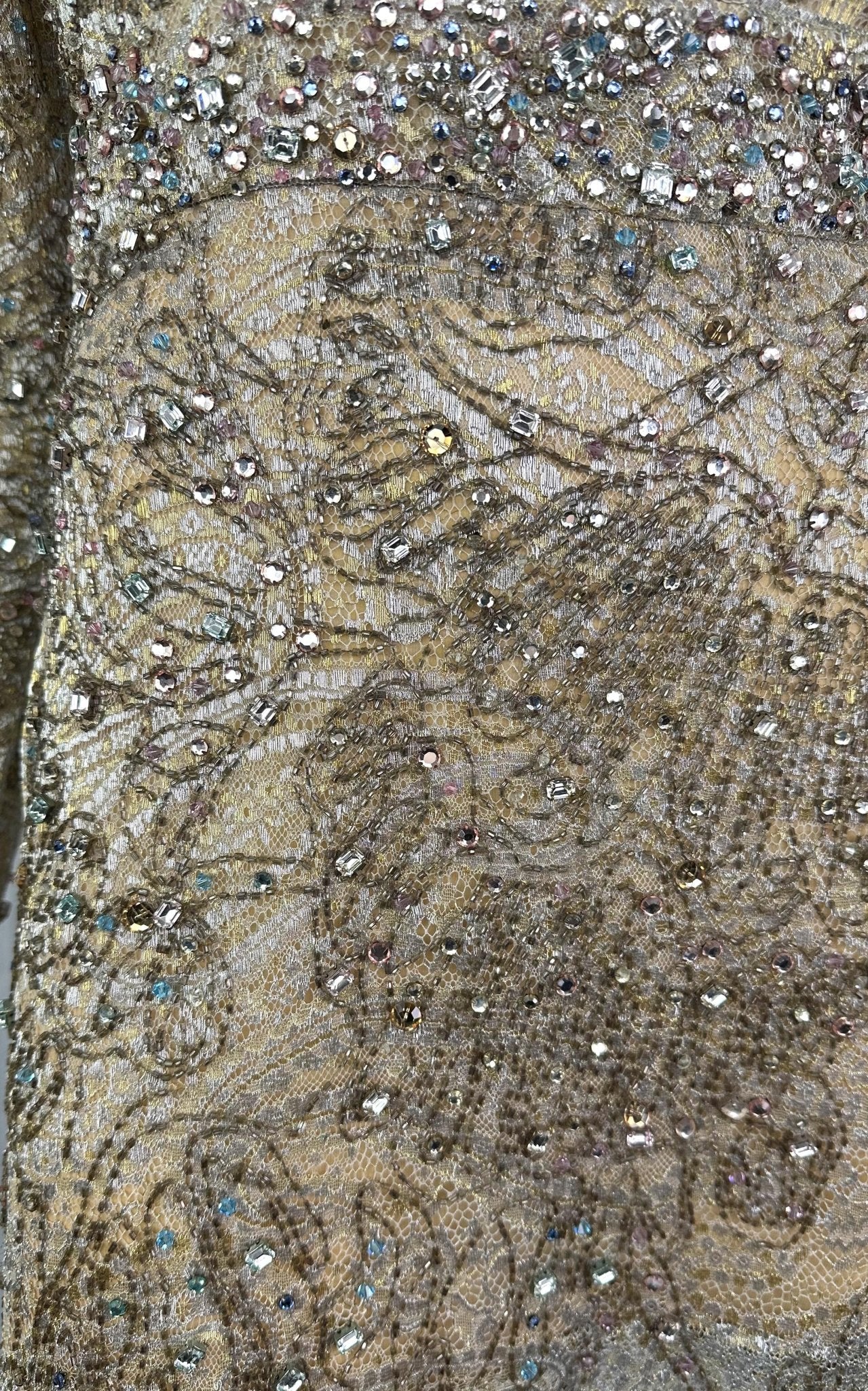 F/W 2000 Gucci by Tom Ford Rhinestone Beaded Plunge Silver Beige Lace Mini Dress - RealList