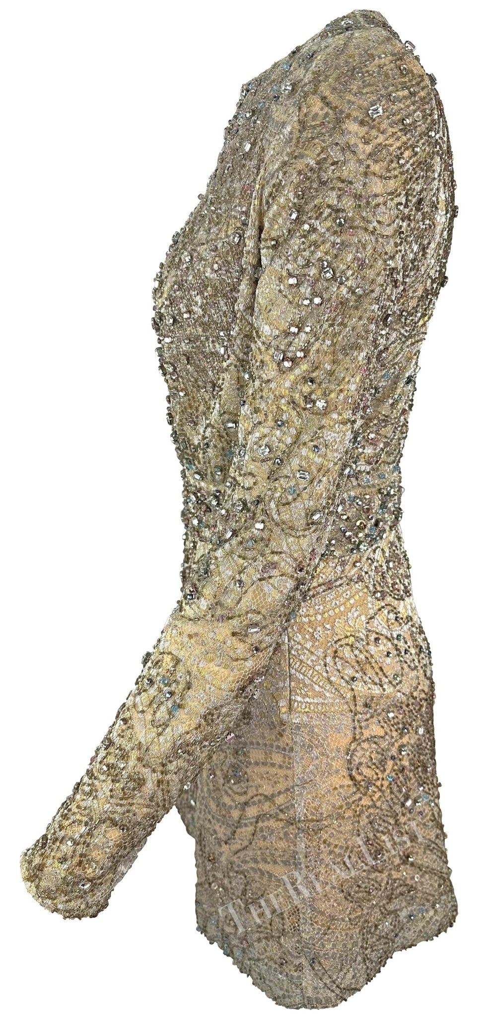 F/W 2000 Gucci by Tom Ford Rhinestone Beaded Plunge Silver Beige Lace Mini Dress - RealList