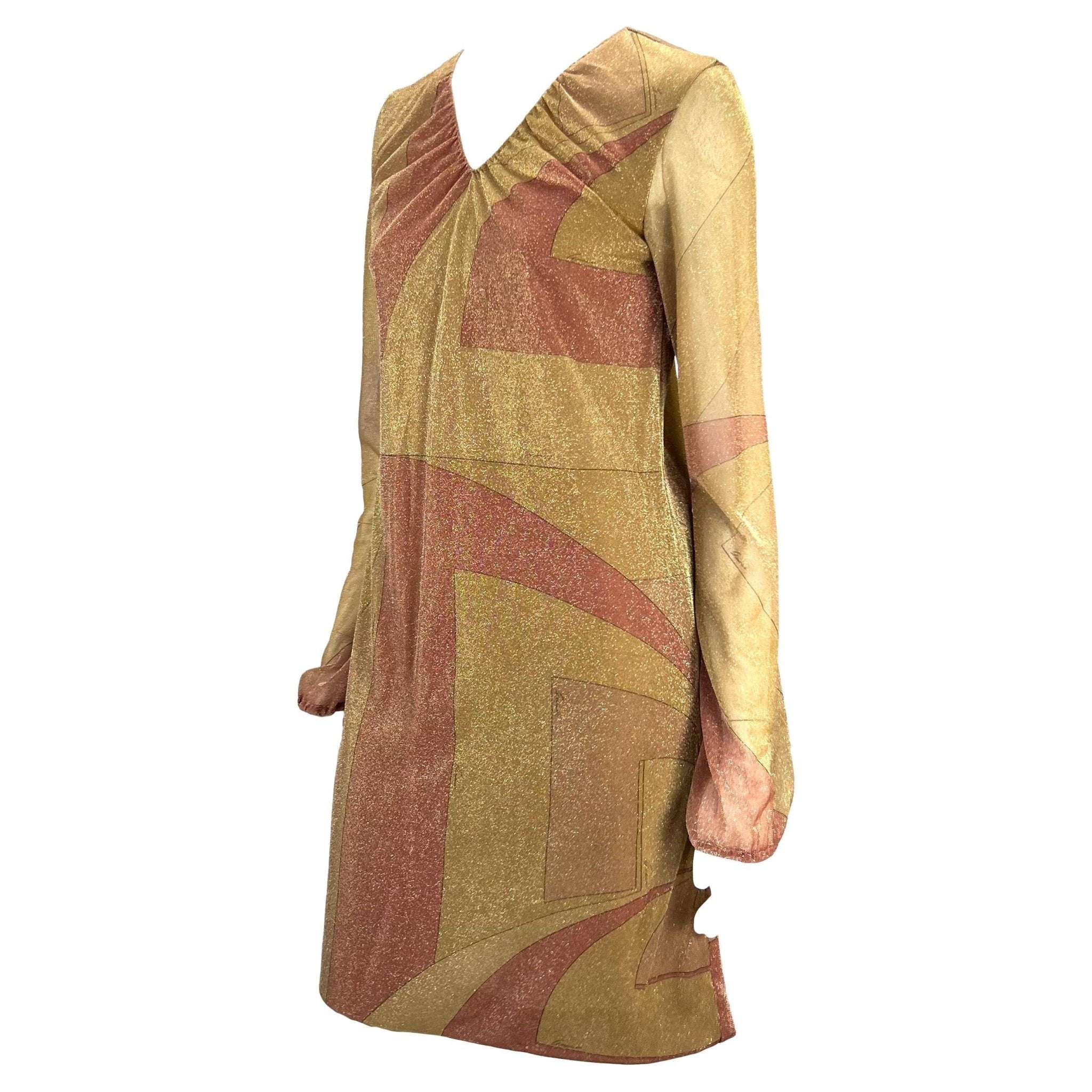 F/W 2000 Gucci by Tom Ford Runway Gold Pink Lurex Metallic Sheer Dress Y2K - RealList