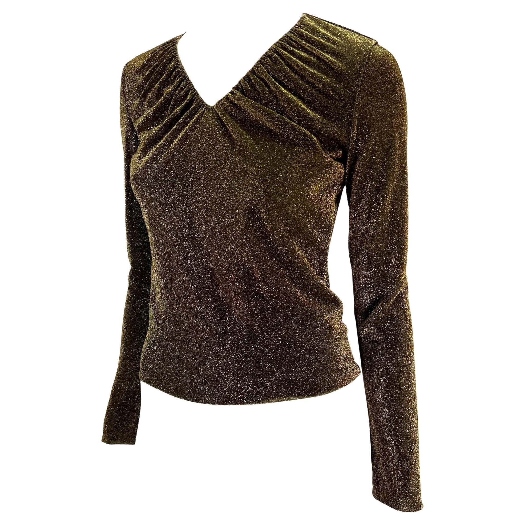 F/W 2000 Gucci by Tom Ford Sheer Gold Lurex V - Neck Long - Sleeve Metallic Blouse Y2K - RealList