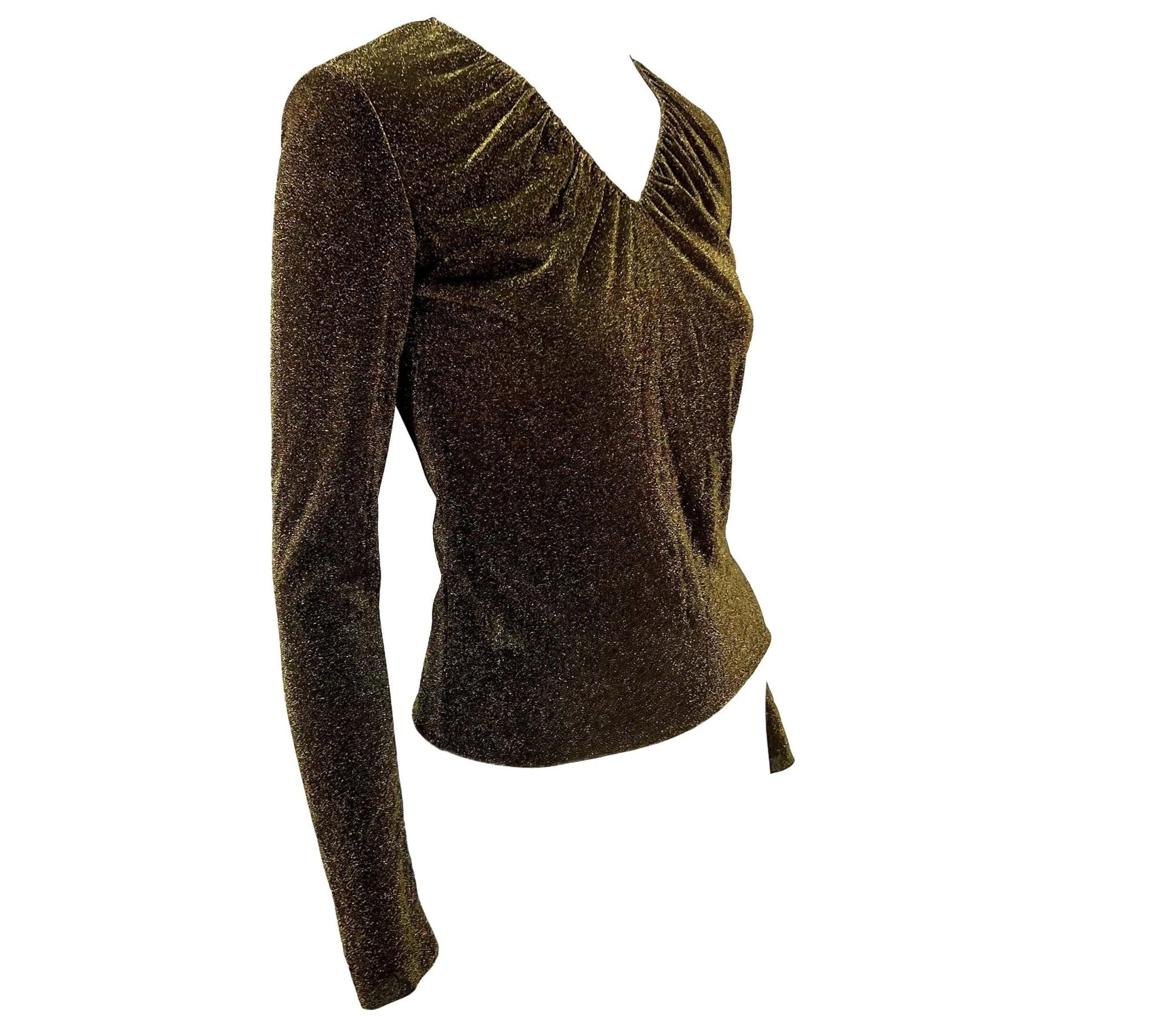 F/W 2000 Gucci by Tom Ford Sheer Gold Lurex V - Neck Long - Sleeve Metallic Blouse Y2K - RealList