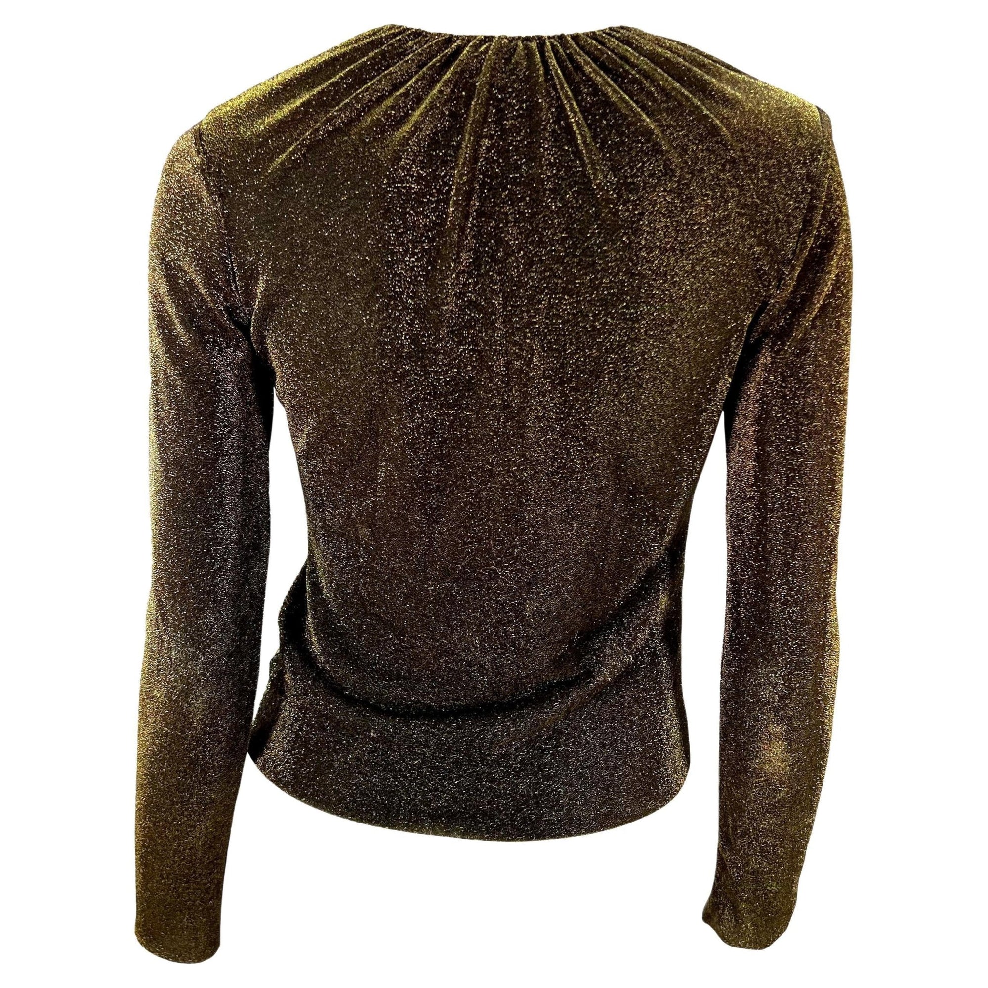 F/W 2000 Gucci by Tom Ford Sheer Gold Lurex V - Neck Long - Sleeve Metallic Blouse Y2K - RealList