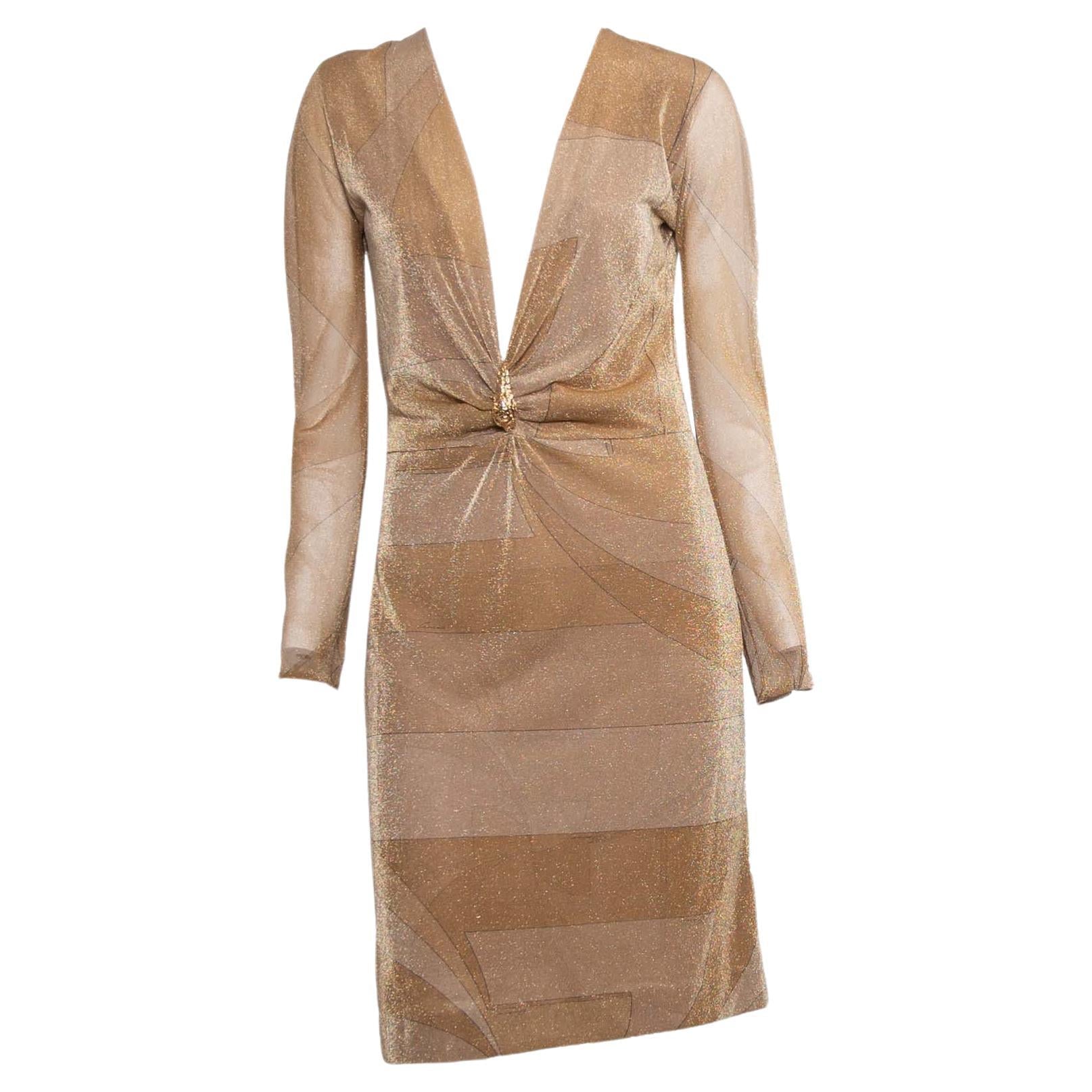 F/W 2000 Gucci by Tom Ford Sheer Gold Metallic Lurex Disco Dress Tiger Accent - RealList