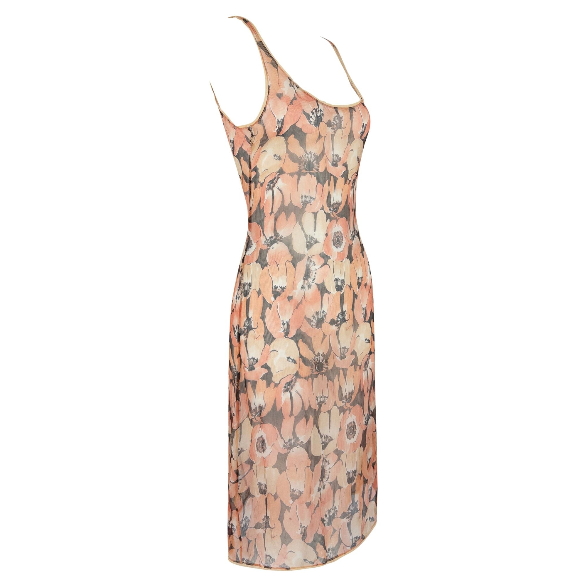 F/W 2000 Prada Sheer Crepe Silk Poppy Print Midi Dress - RealList