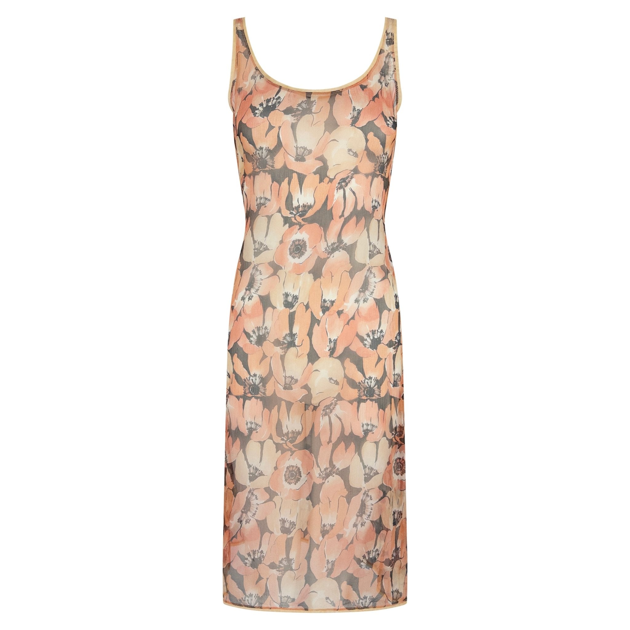 F/W 2000 Prada Sheer Crepe Silk Poppy Print Midi Dress - RealList