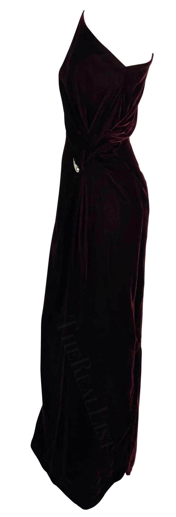 F/W 2000 Thierry Mugler Rhinestone Burgundy Velvet Single Shoulder Runway Gown - RealList