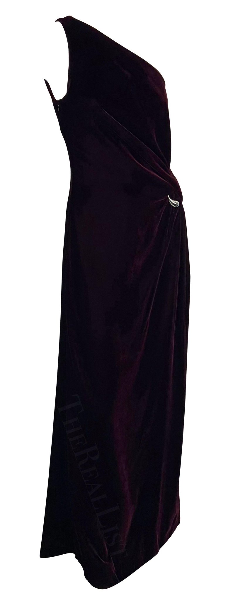 F/W 2000 Thierry Mugler Rhinestone Burgundy Velvet Single Shoulder Runway Gown - RealList