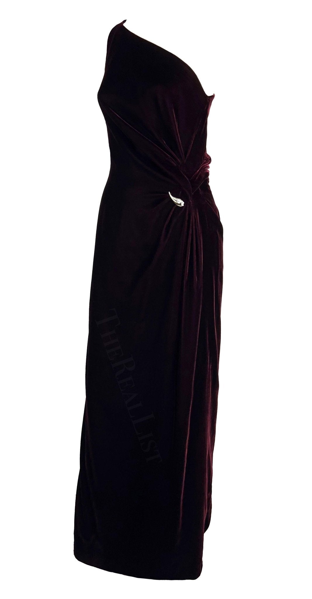 F/W 2000 Thierry Mugler Rhinestone Burgundy Velvet Single Shoulder Runway Gown - RealList