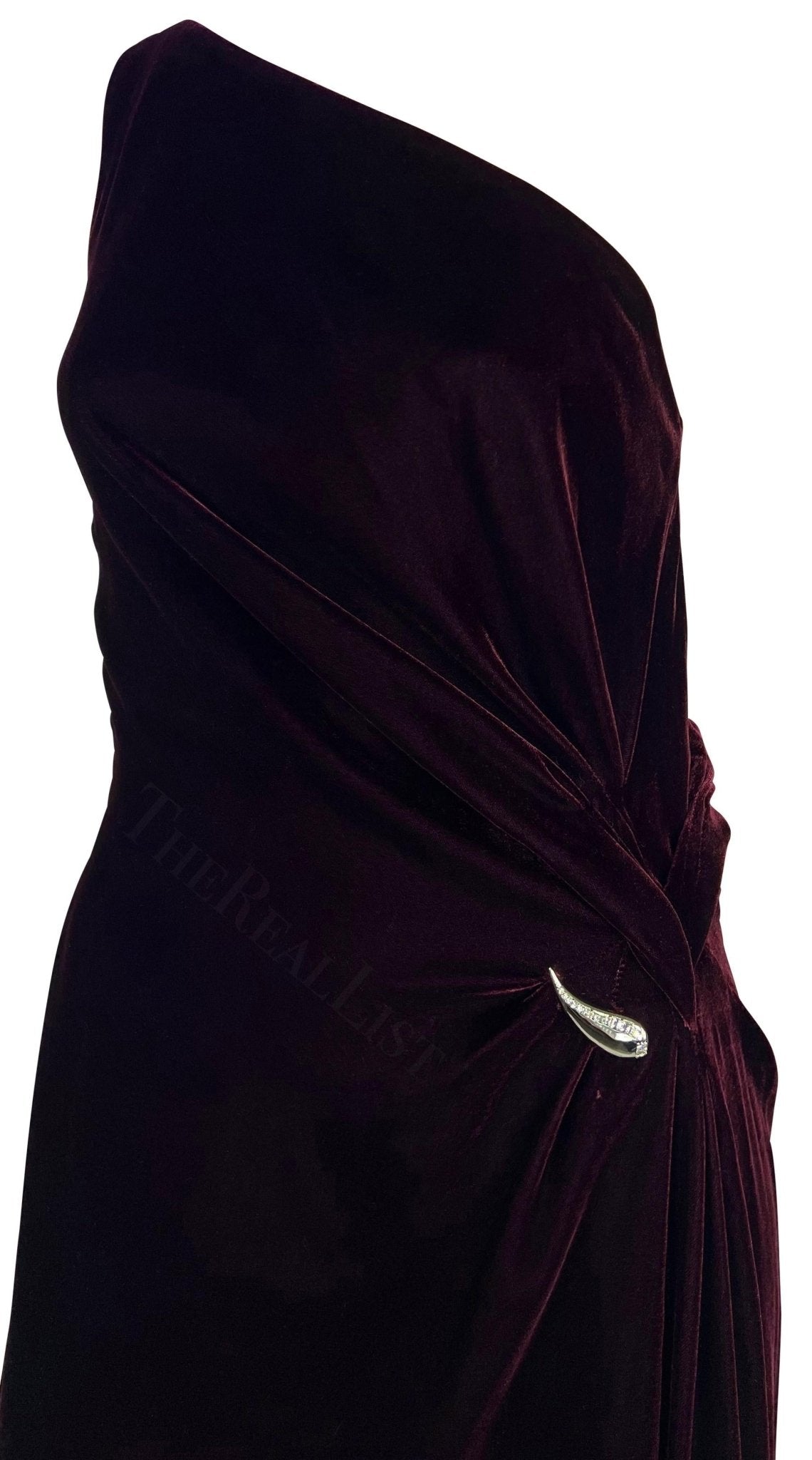 F/W 2000 Thierry Mugler Rhinestone Burgundy Velvet Single Shoulder Runway Gown - RealList