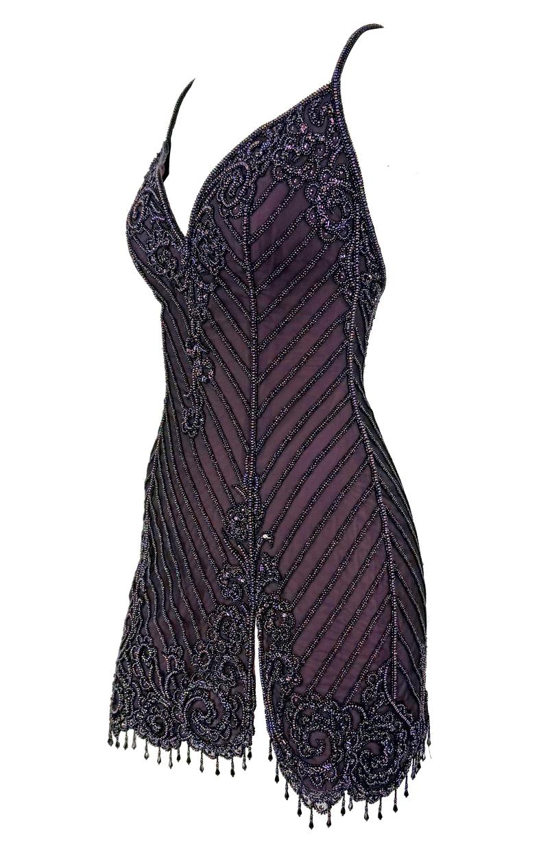 F/W 2001 Bob Mackie 'Foreign Intrigue' Runway Beaded Purple Mini Slip Dress - RealList