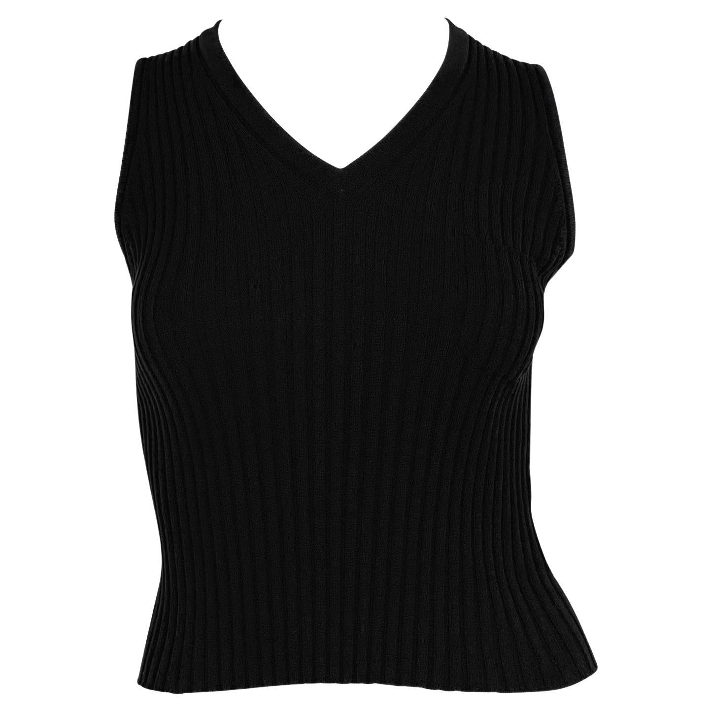 F/W 2001 Chanel by Karl Lagerfeld Black Ribbed Knit V Neck Sleeveless Top - RealList