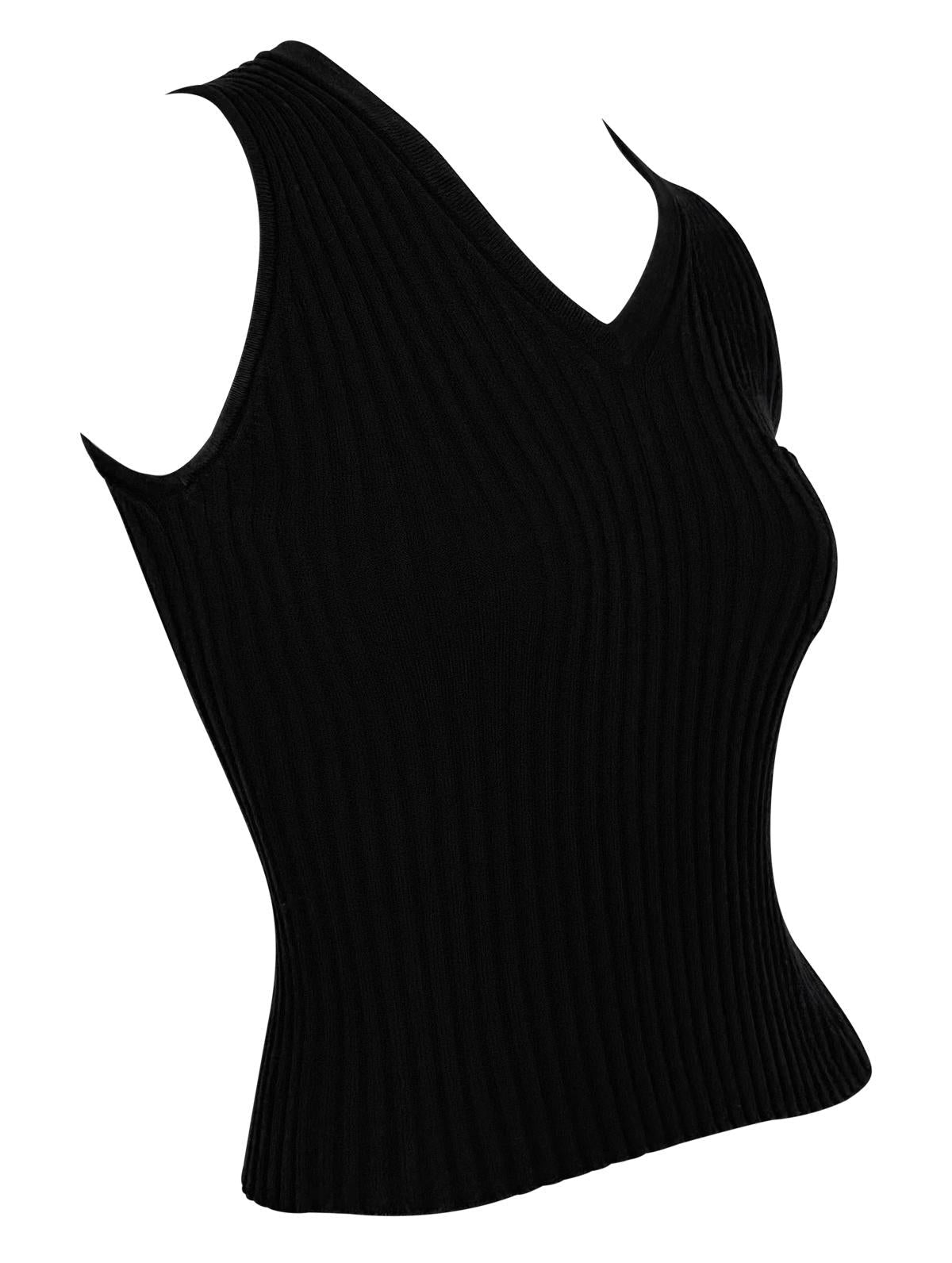 F/W 2001 Chanel by Karl Lagerfeld Black Ribbed Knit V Neck Sleeveless Top - RealList