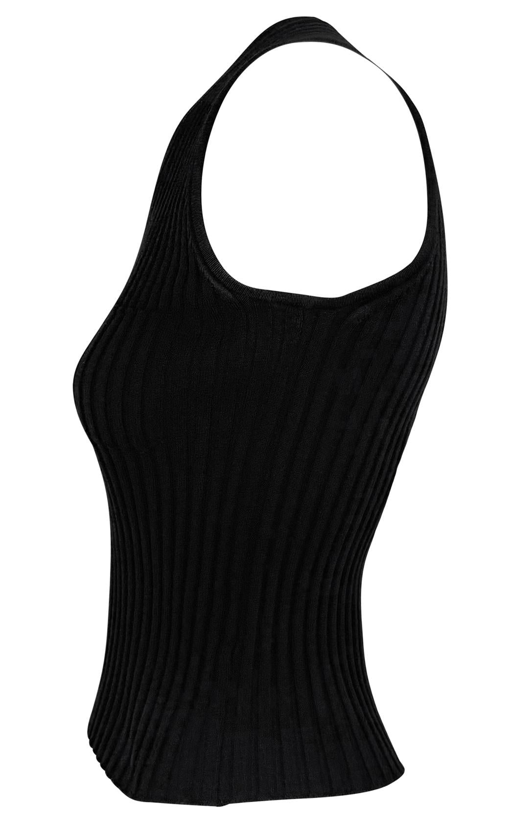F/W 2001 Chanel by Karl Lagerfeld Black Ribbed Knit V Neck Sleeveless Top - RealList