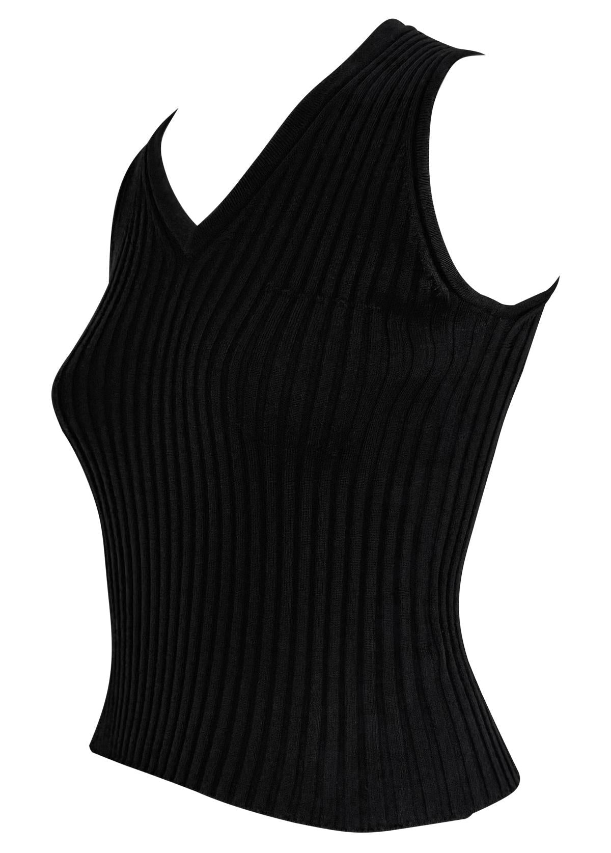 F/W 2001 Chanel by Karl Lagerfeld Black Ribbed Knit V Neck Sleeveless Top - RealList