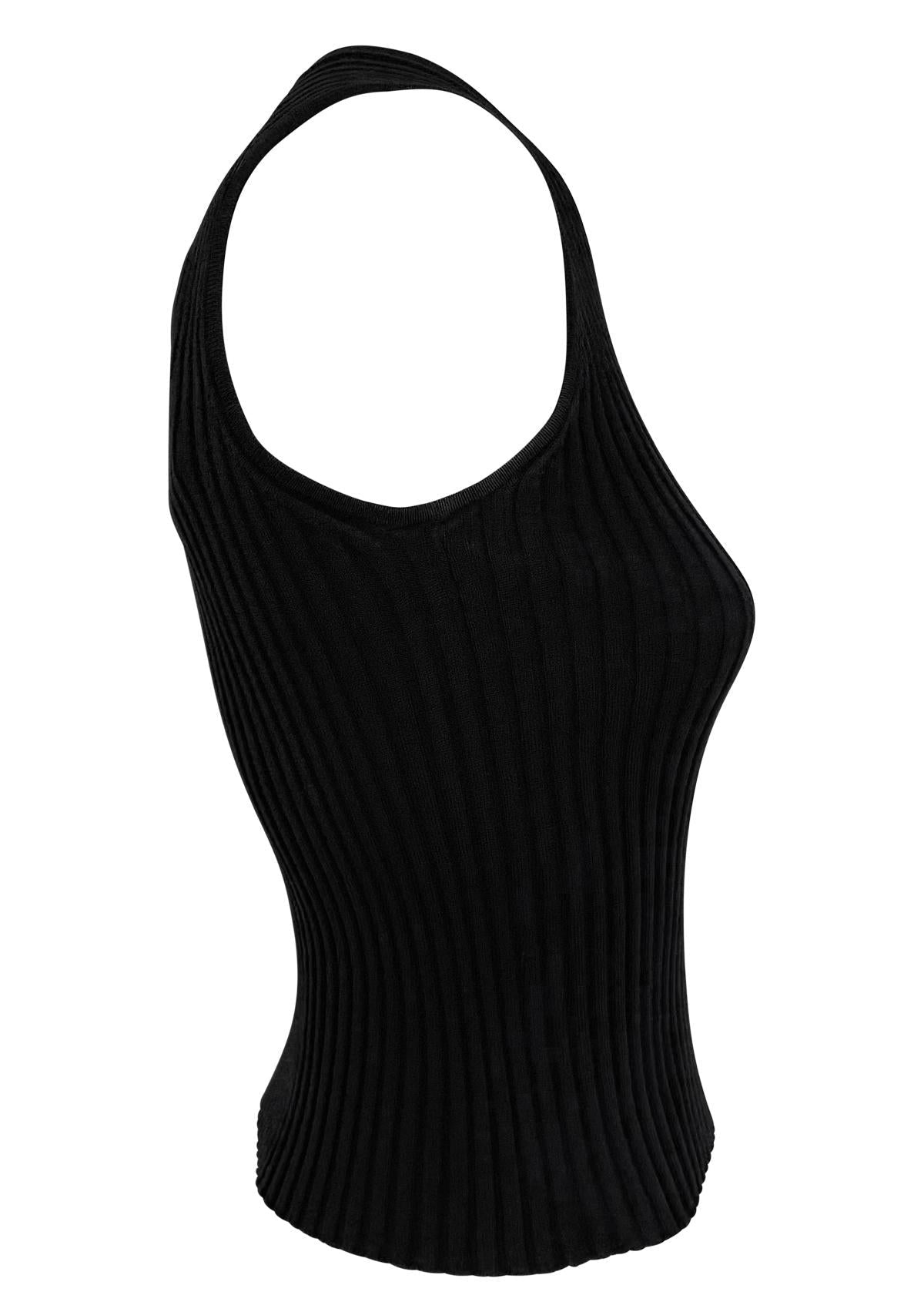 F/W 2001 Chanel by Karl Lagerfeld Black Ribbed Knit V Neck Sleeveless Top - RealList