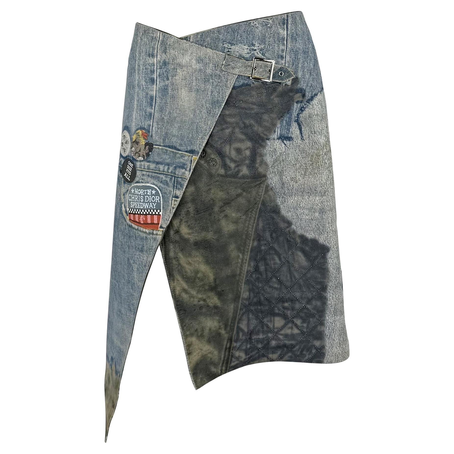 F/W 2001 Christian Dior by John Galliano Leather Trompe l'oeil Denim Wrap Skirt - RealList