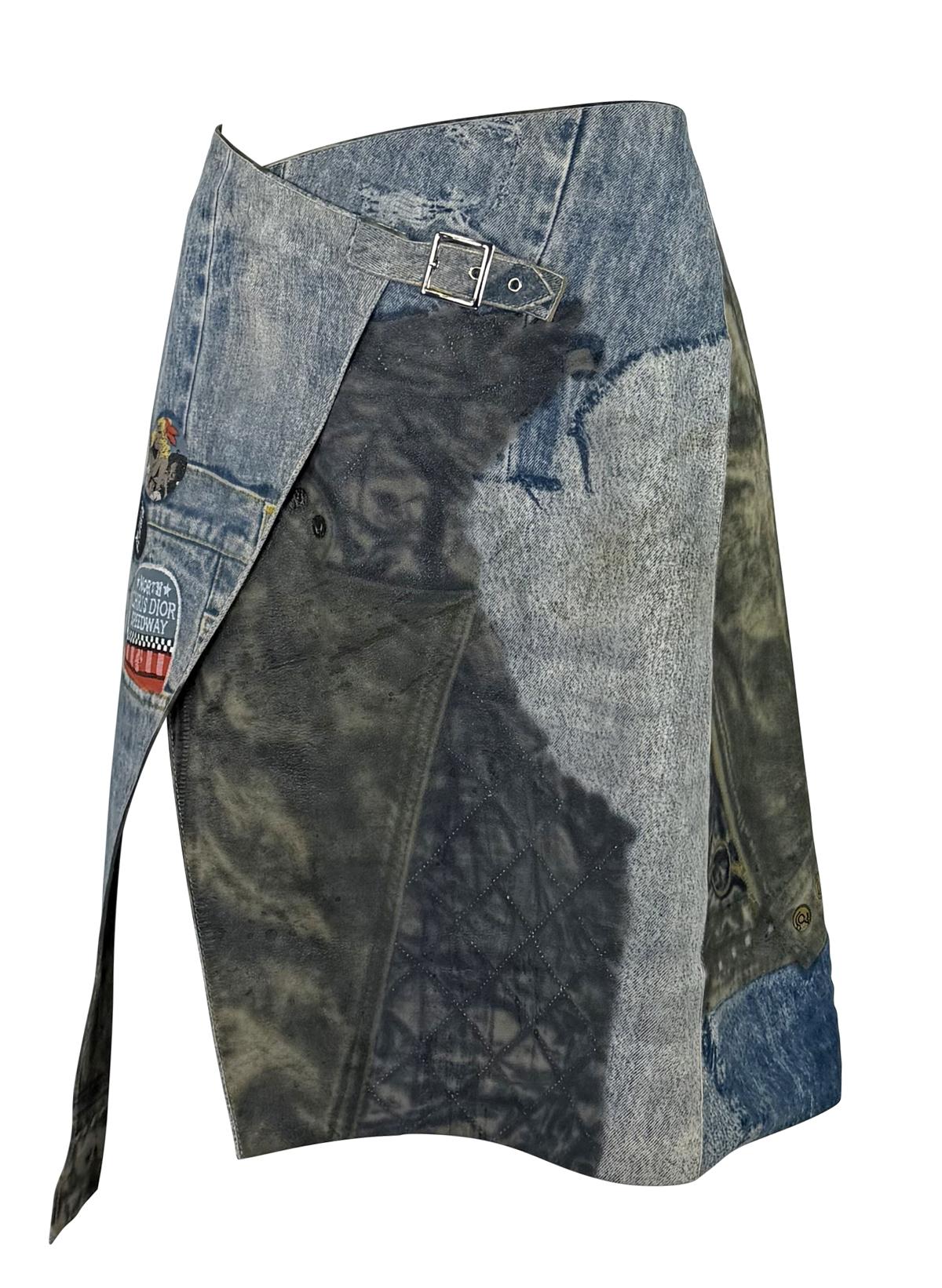 F/W 2001 Christian Dior by John Galliano Leather Trompe l'oeil Denim Wrap Skirt - RealList