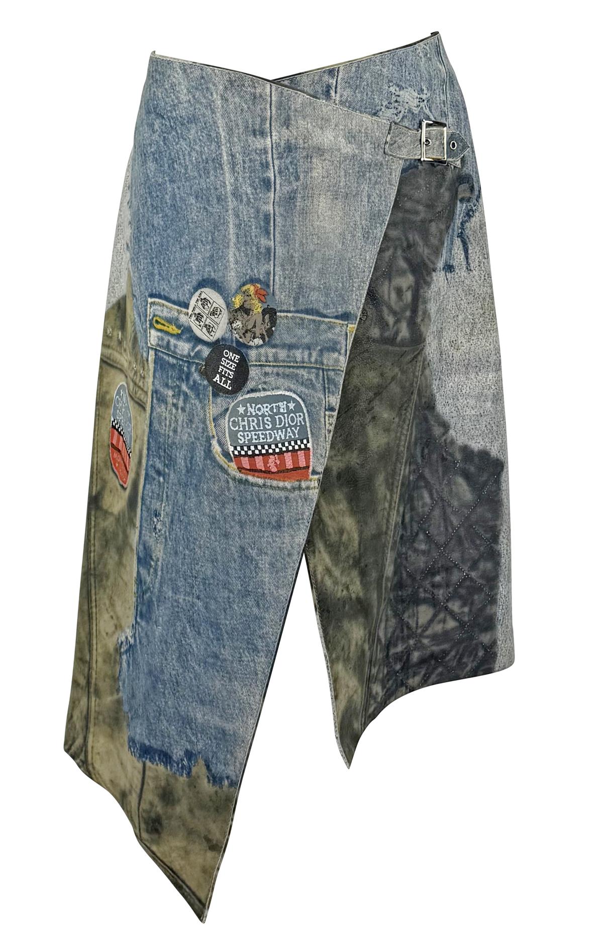 F/W 2001 Christian Dior by John Galliano Leather Trompe l'oeil Denim Wrap Skirt - RealList