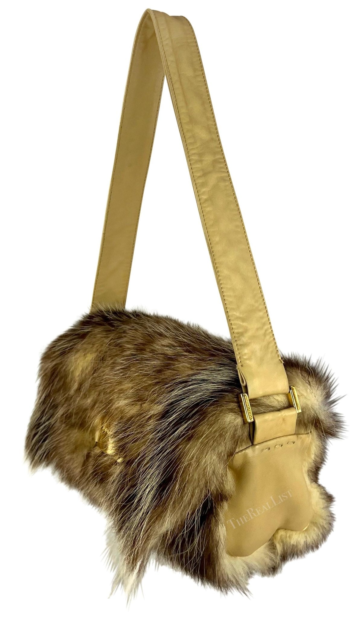 F/W 2001 Dolce & Gabbana Genuine Fur Gold Logo Buckle Taupe Shoulder Bag - RealList