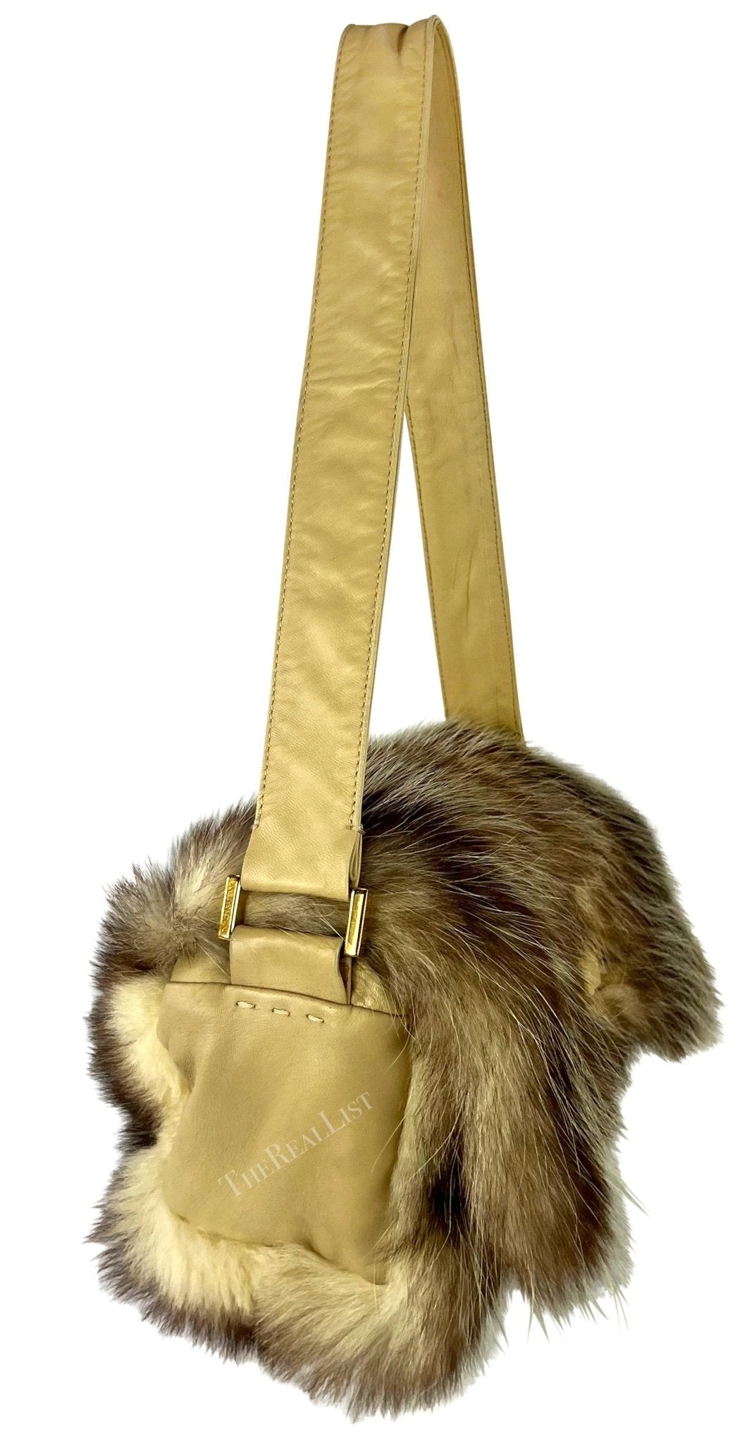F/W 2001 Dolce & Gabbana Genuine Fur Gold Logo Buckle Taupe Shoulder Bag - RealList