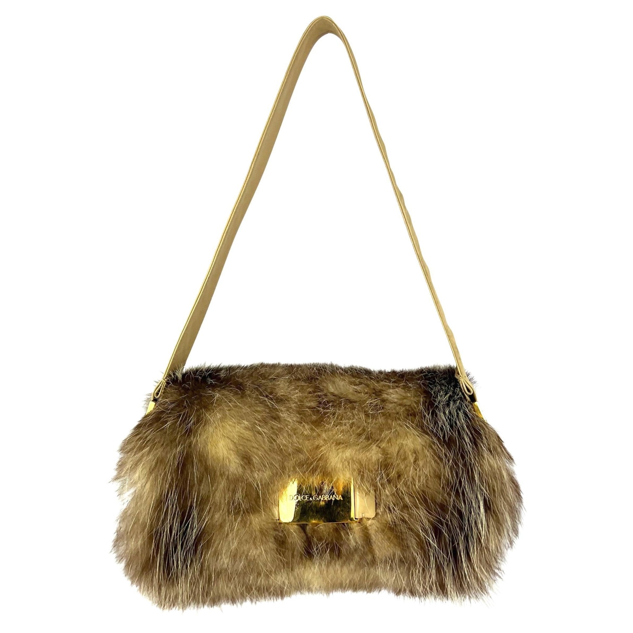 F/W 2001 Dolce & Gabbana Genuine Fur Gold Logo Buckle Taupe Shoulder Bag - RealList