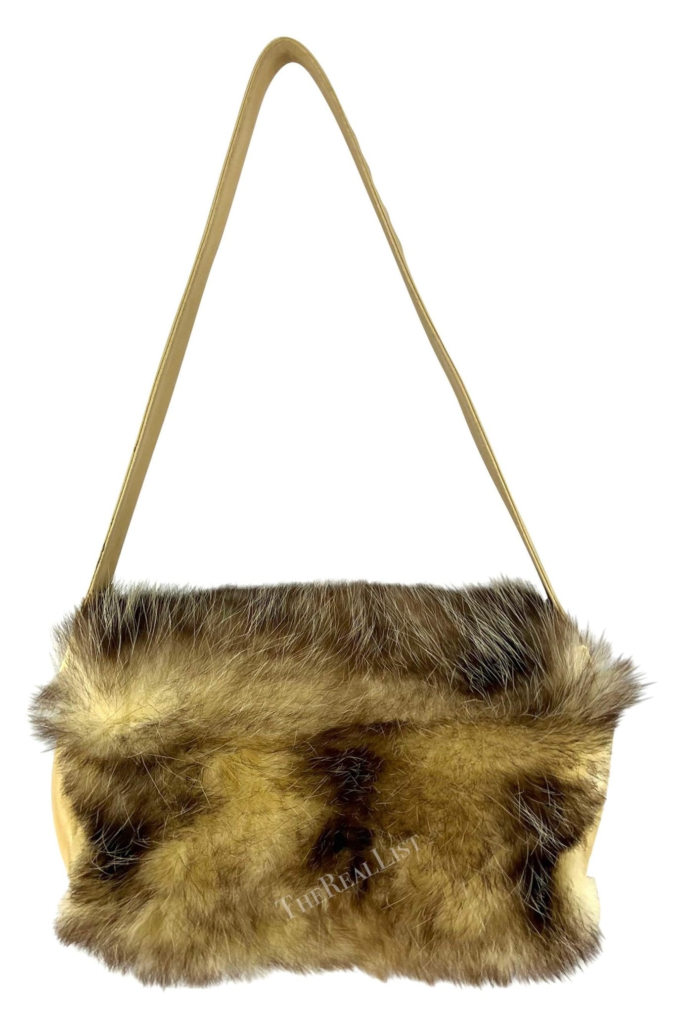 F/W 2001 Dolce & Gabbana Genuine Fur Gold Logo Buckle Taupe Shoulder Bag - RealList