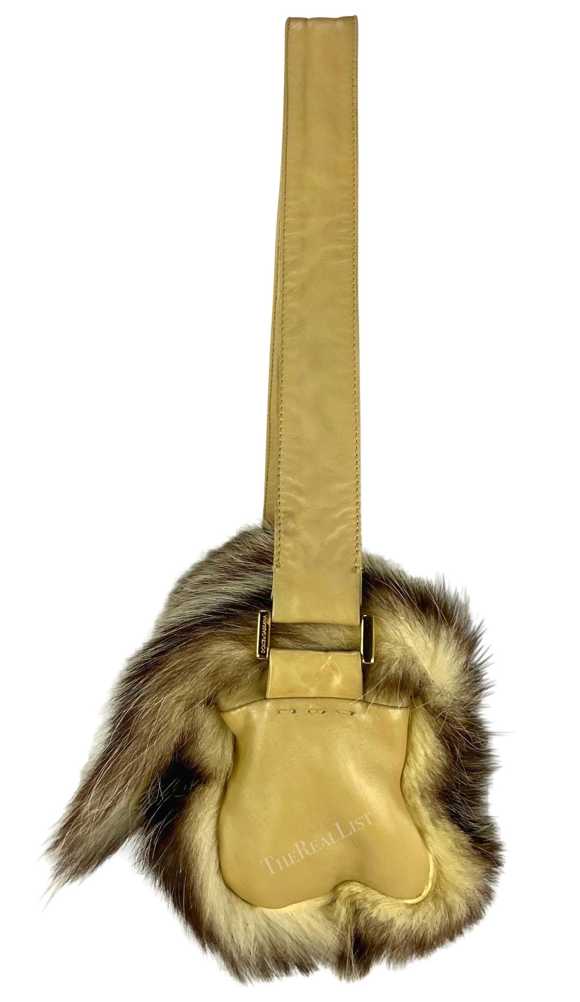 F/W 2001 Dolce & Gabbana Genuine Fur Gold Logo Buckle Taupe Shoulder Bag - RealList