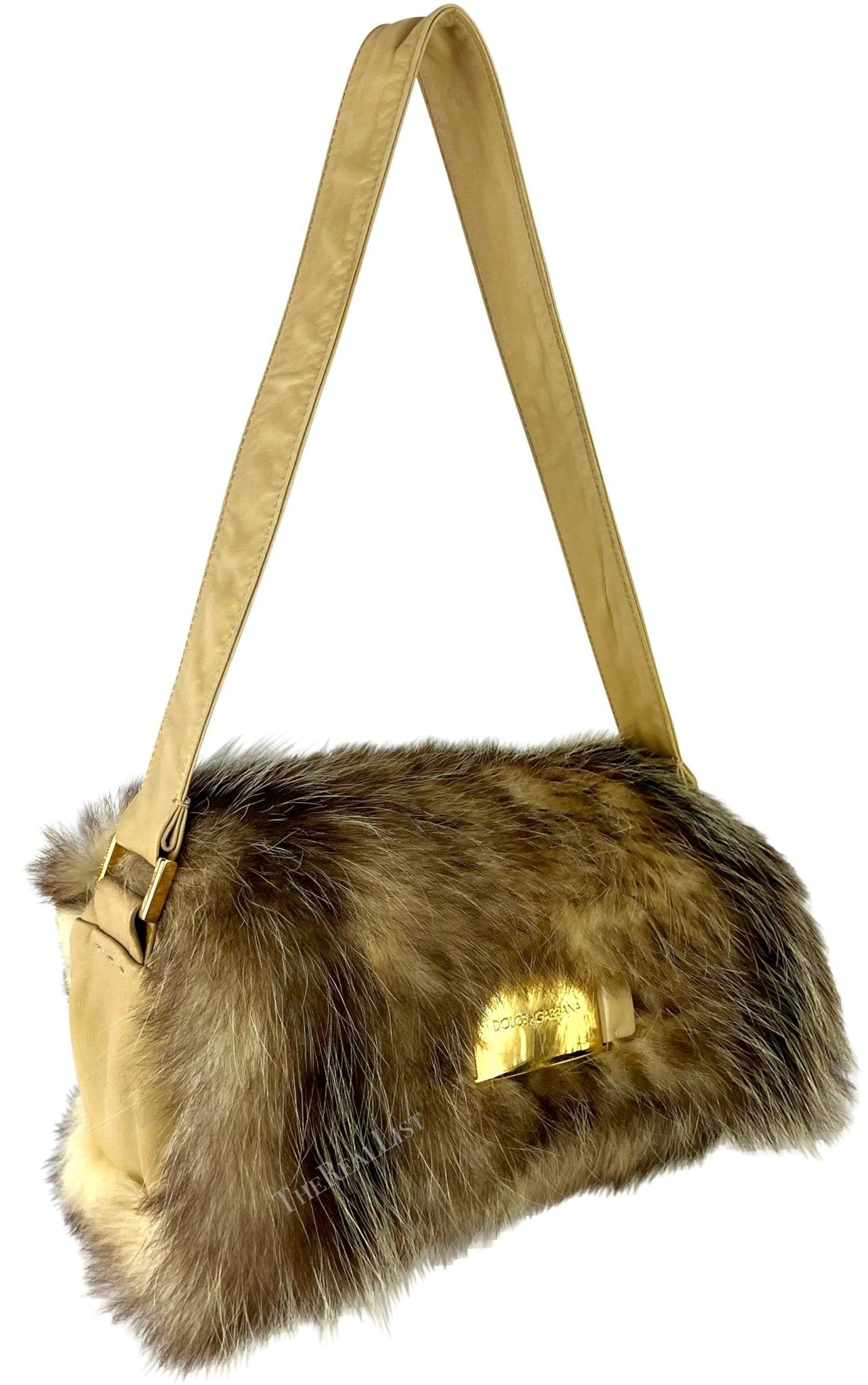 F/W 2001 Dolce & Gabbana Genuine Fur Gold Logo Buckle Taupe Shoulder Bag - RealList