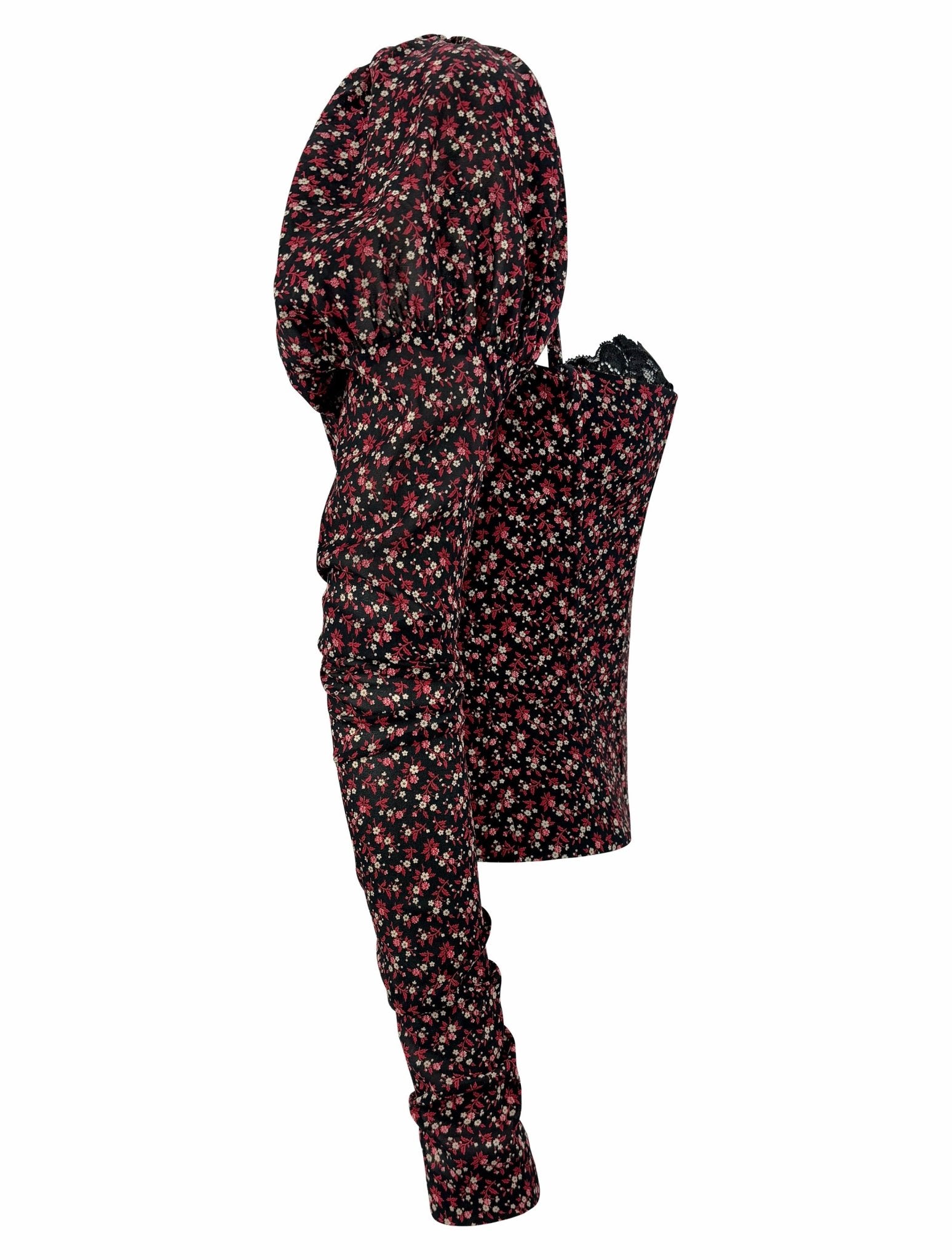 F/W 2001 Dolce & Gabbana Runway Black Red Floral Corset Boned Bustier Long Sleeve Top - RealList