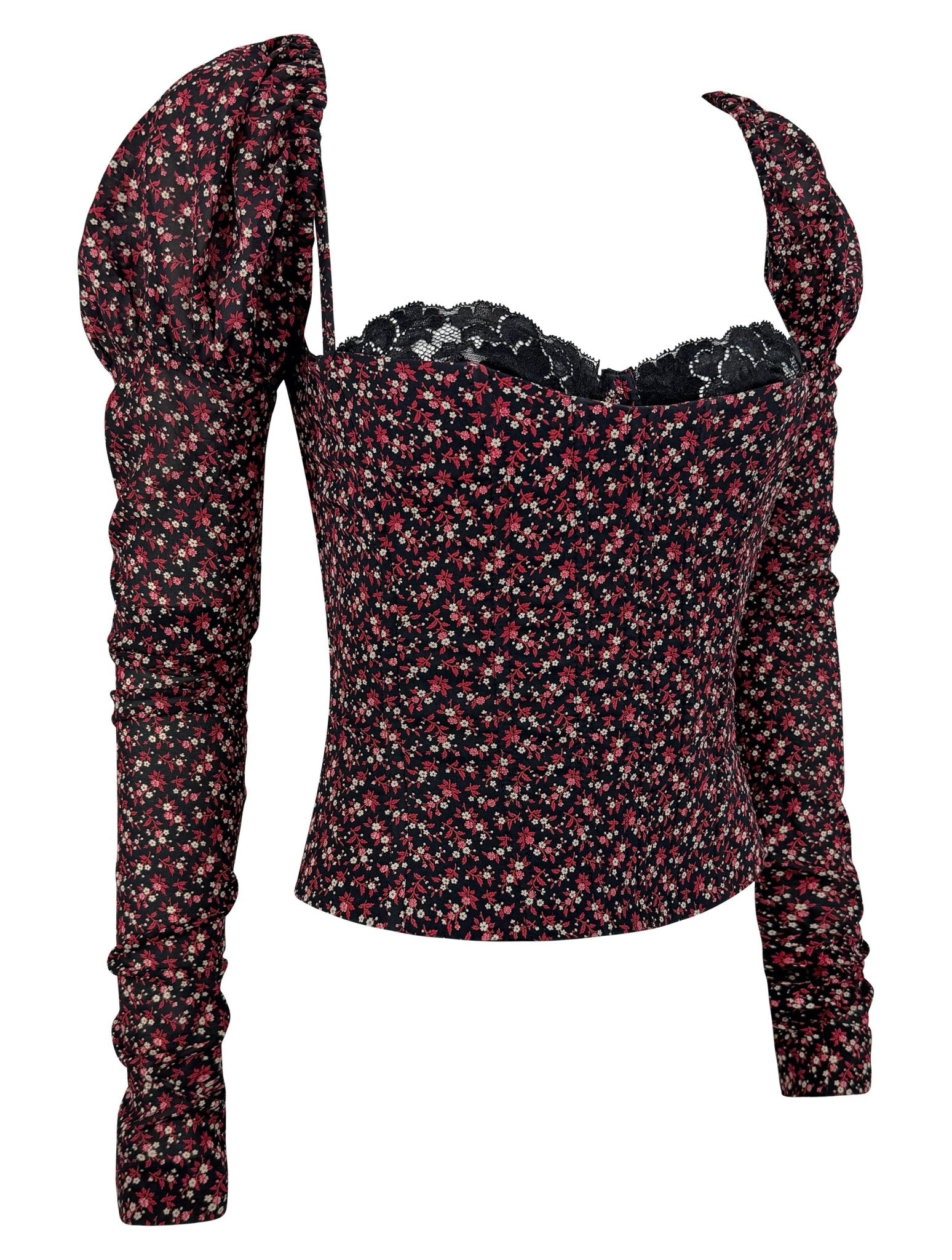 F/W 2001 Dolce & Gabbana Runway Black Red Floral Corset Boned Bustier Long Sleeve Top - RealList