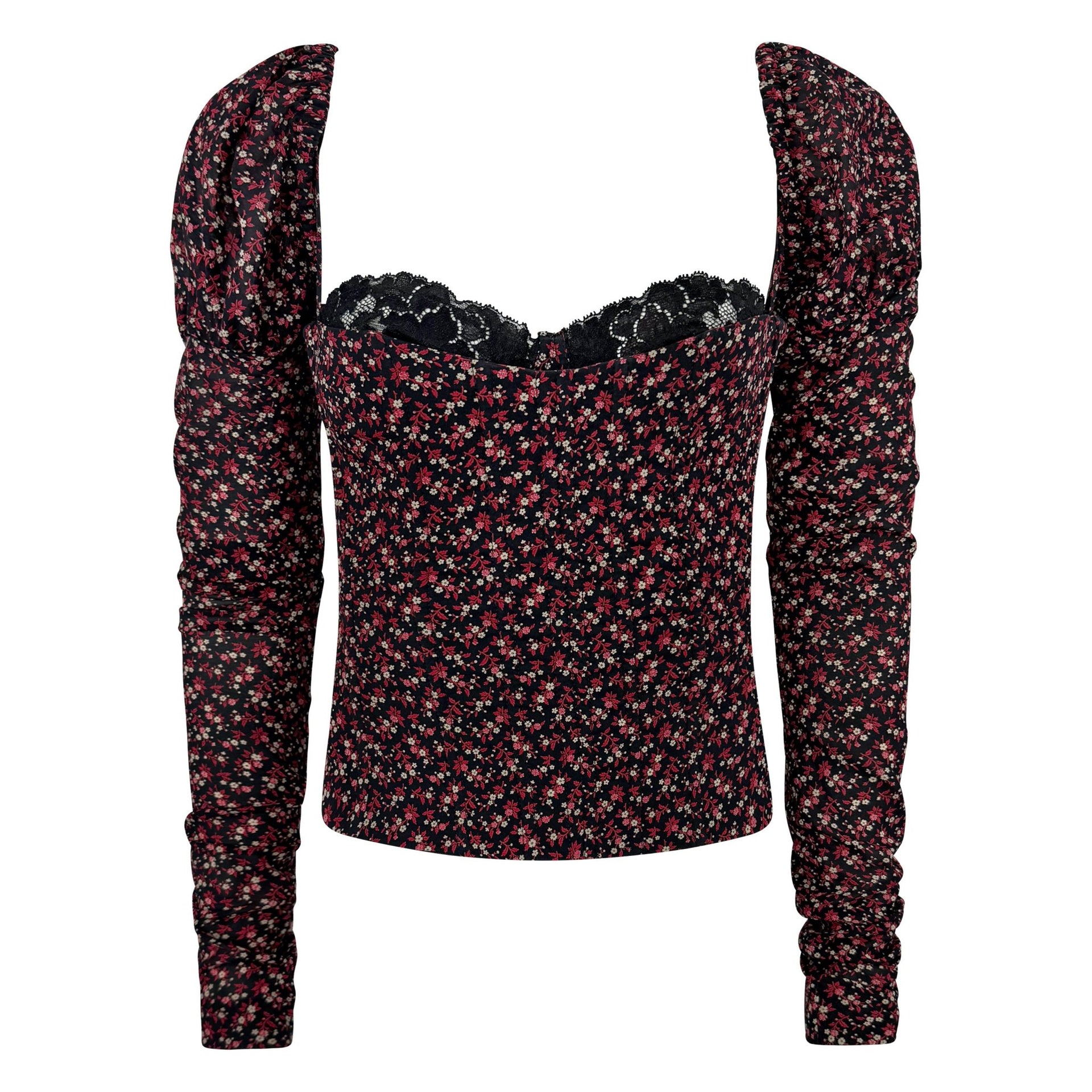 F/W 2001 Dolce & Gabbana Runway Black Red Floral Corset Boned Bustier Long Sleeve Top - RealList