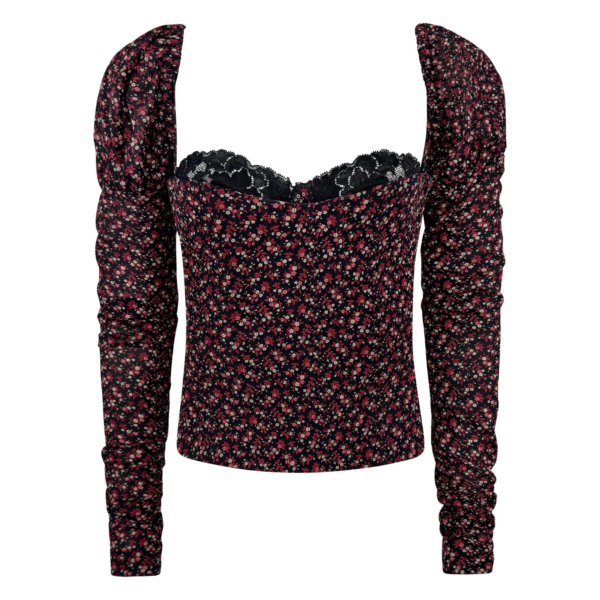 F/W 2001 Dolce & Gabbana Runway Black Red Floral Corset Boned Bustier Long Sleeve Top - RealList