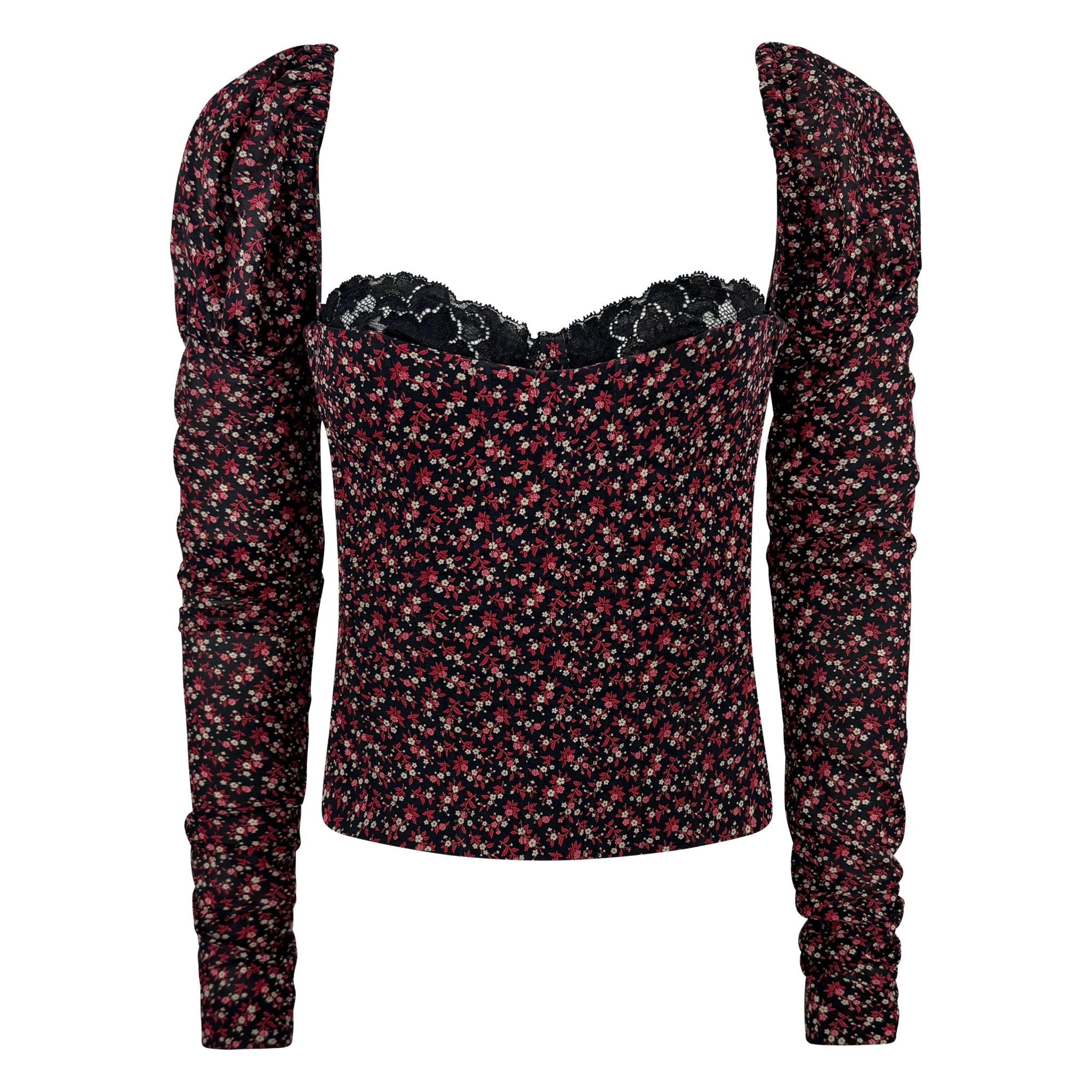 F/W 2001 Dolce & Gabbana Runway Black Red Floral Corset Boned Bustier Long Sleeve Top - RealList