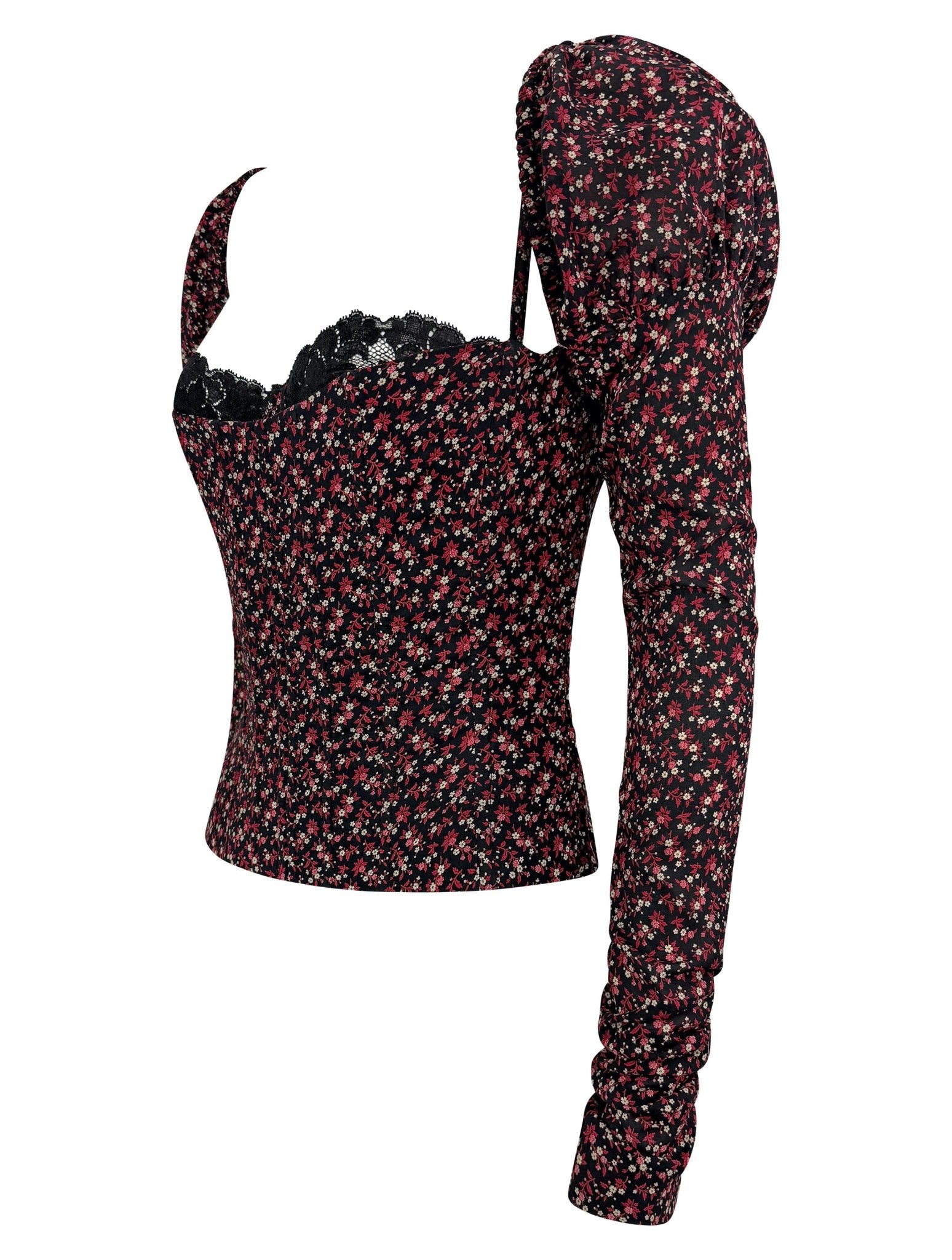 F/W 2001 Dolce & Gabbana Runway Black Red Floral Corset Boned Bustier Long Sleeve Top - RealList