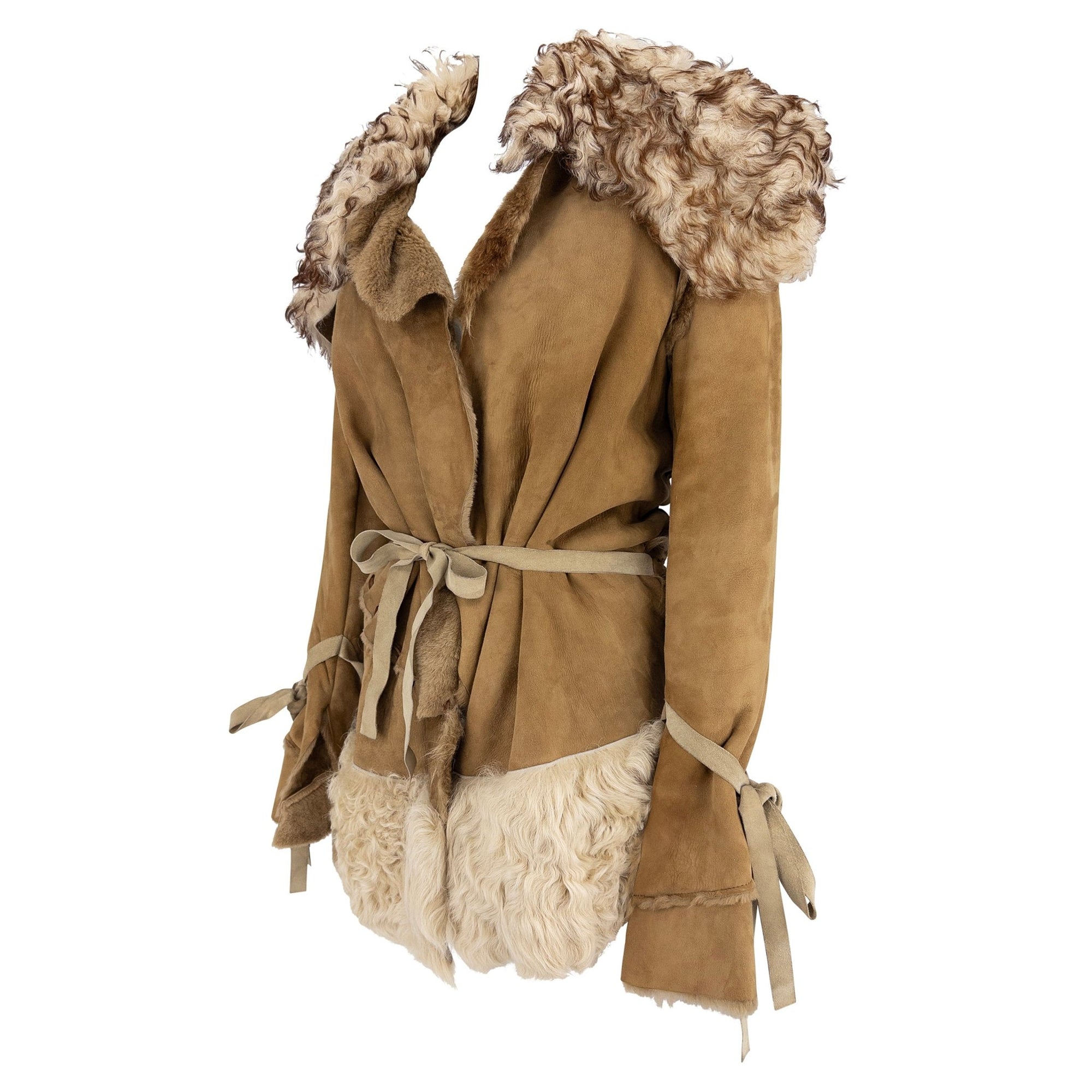 F/W 2001 Dolce & Gabbana Runway Tan Shearling Fur Suede Whipstitch Jacket - RealList